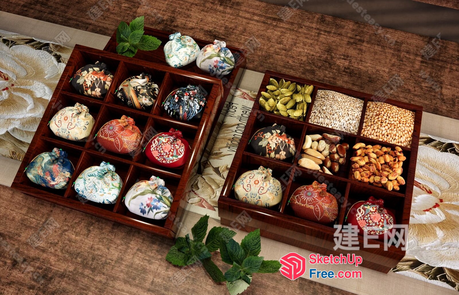 Decorative Wooden Storage Boxes With Floral Patterns And Compartments 3D SketchUp File