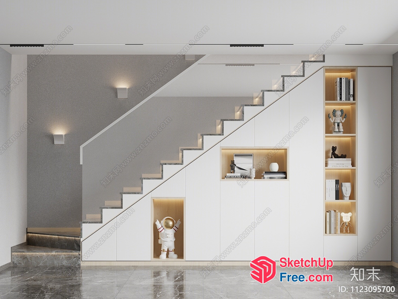 Modern Minimalist Staircase With Built-In Shelves And Decor 3D SketchUp File