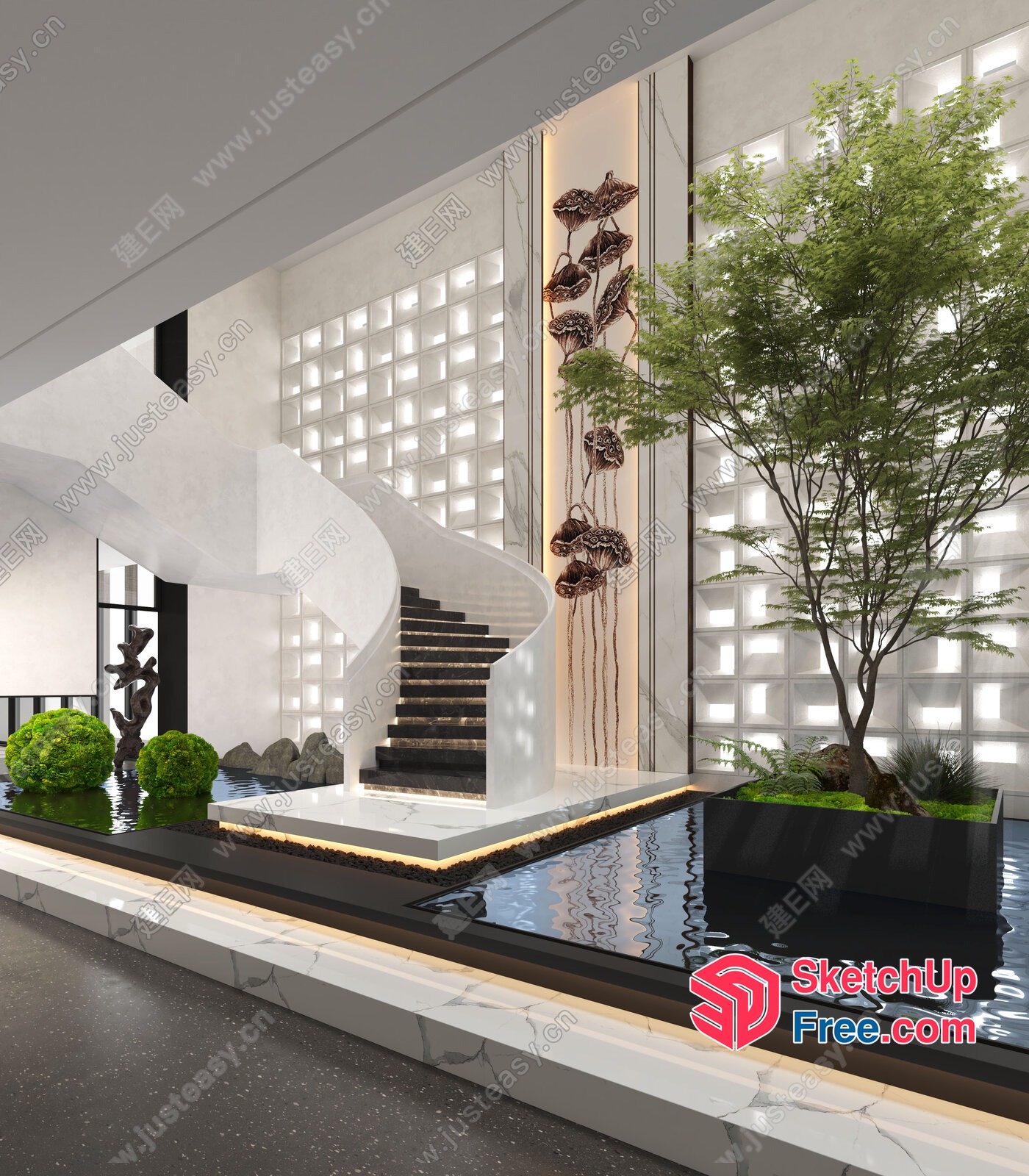 Elegant Staircase And Glass Brick Interior 3D SketchUp File