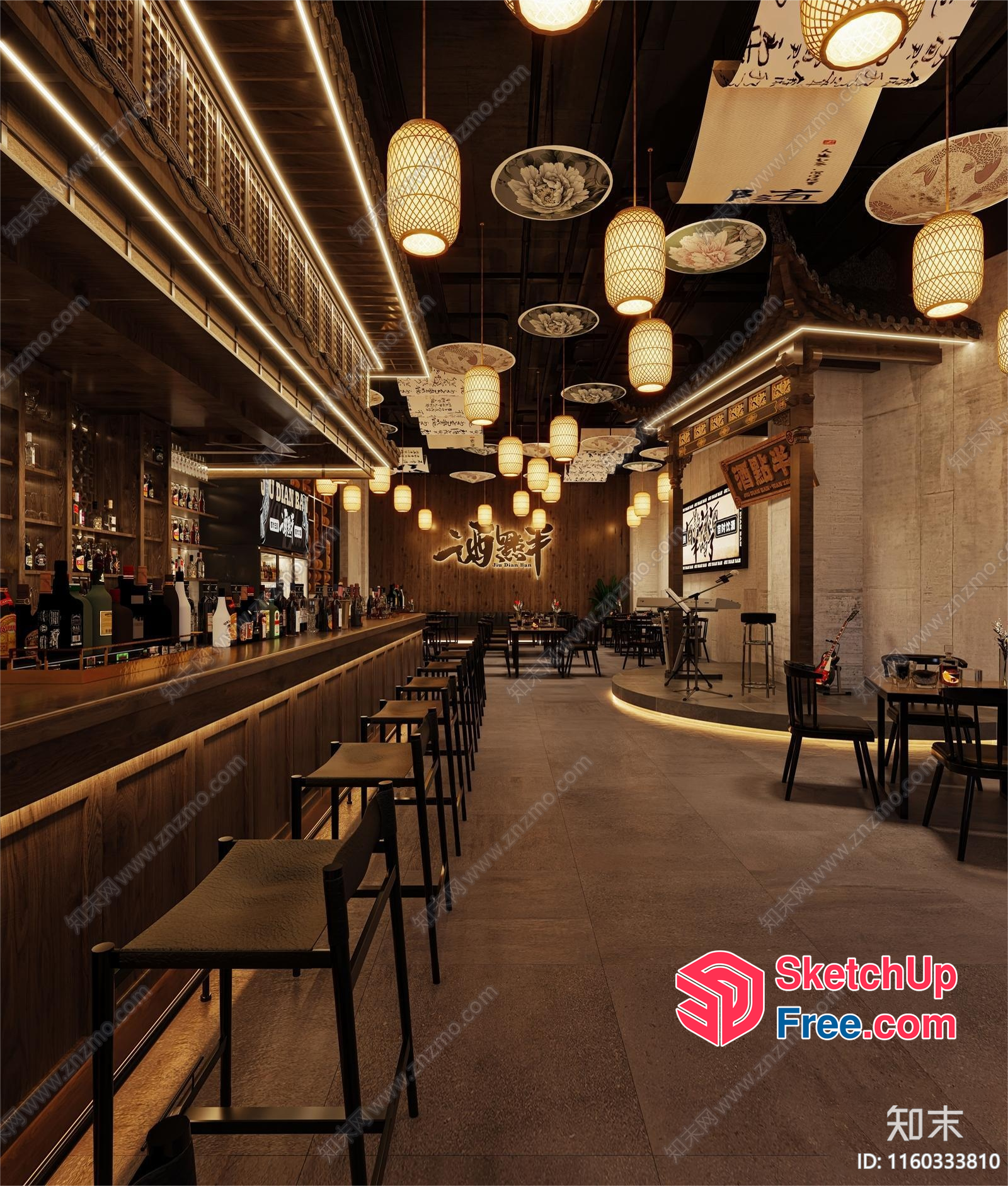 Elegant Asian-Inspired Bar And Restaurant Interior 3D SketchUp File