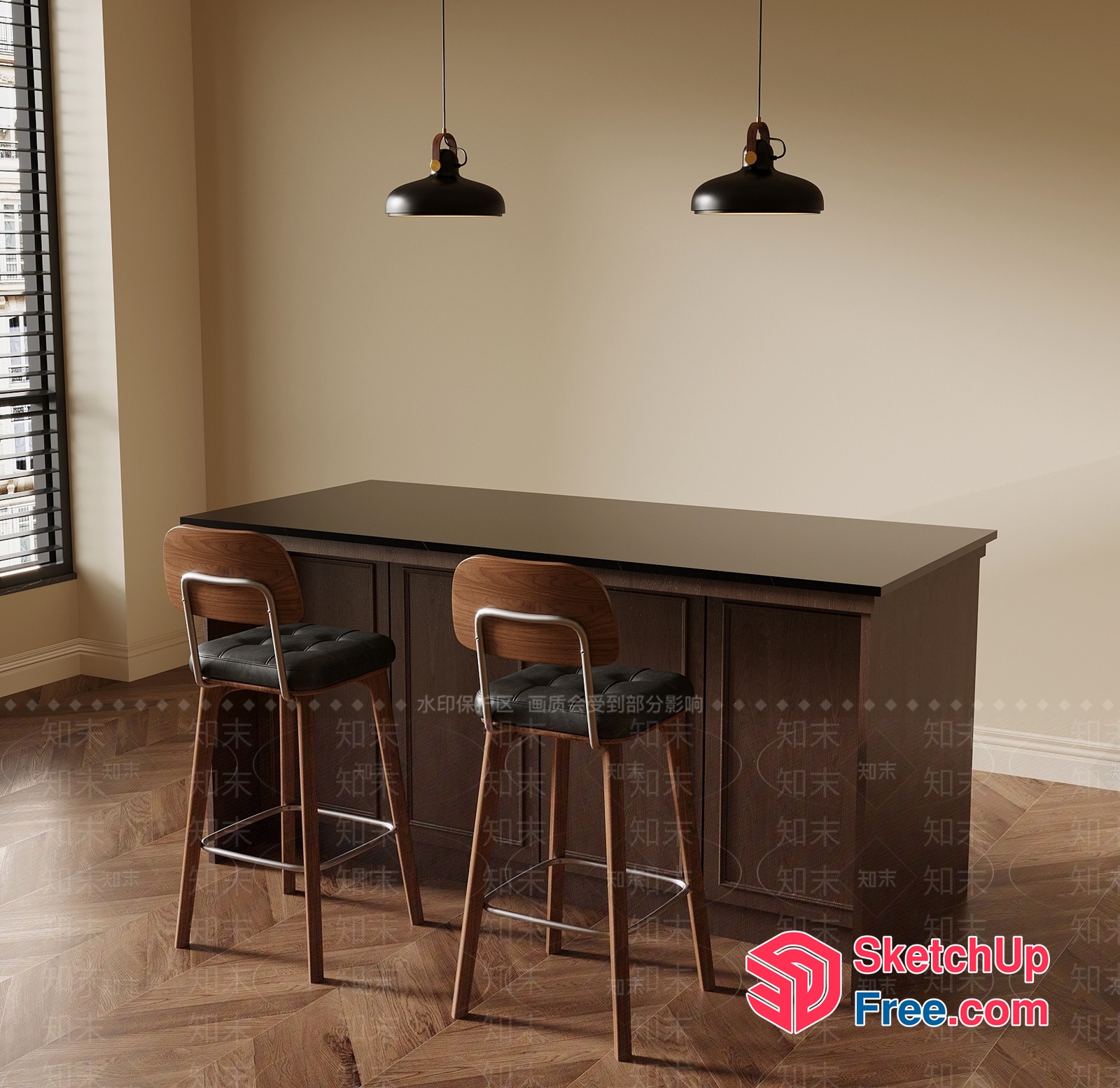 Modern Kitchen Island With Two Stools 3D SketchUp File