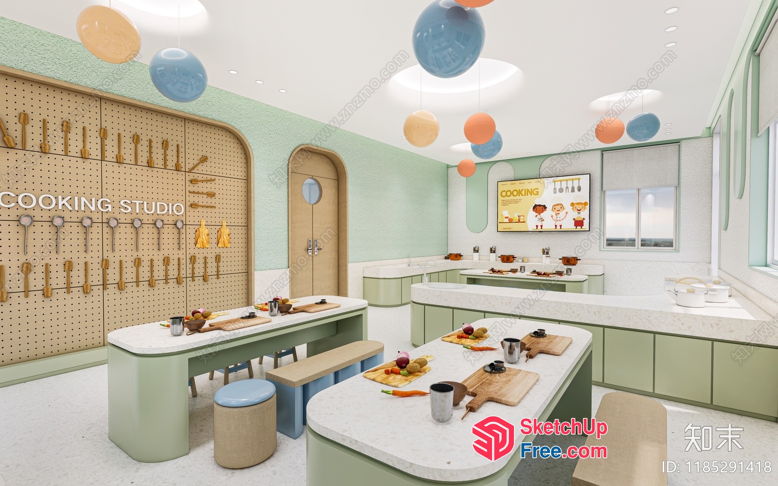 Modern Kitchen Studio With Green And White Decor 3D SketchUp File
