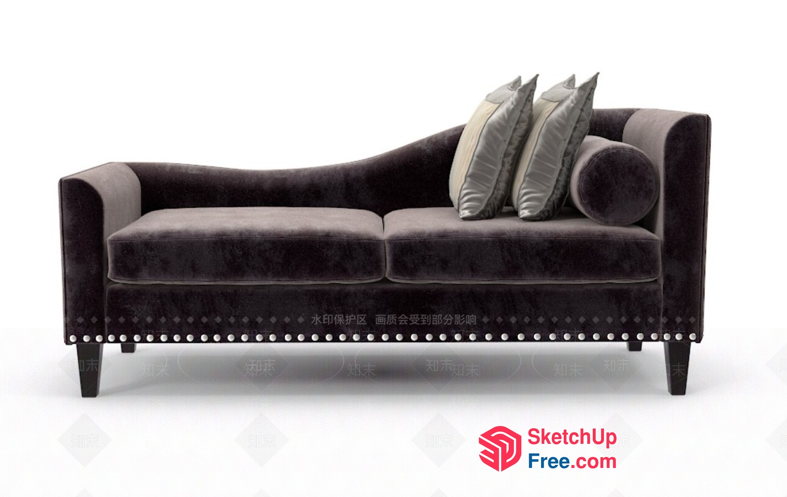 Modern Velvet Sofa With Pillows And Nailhead Trim 3D SketchUp File