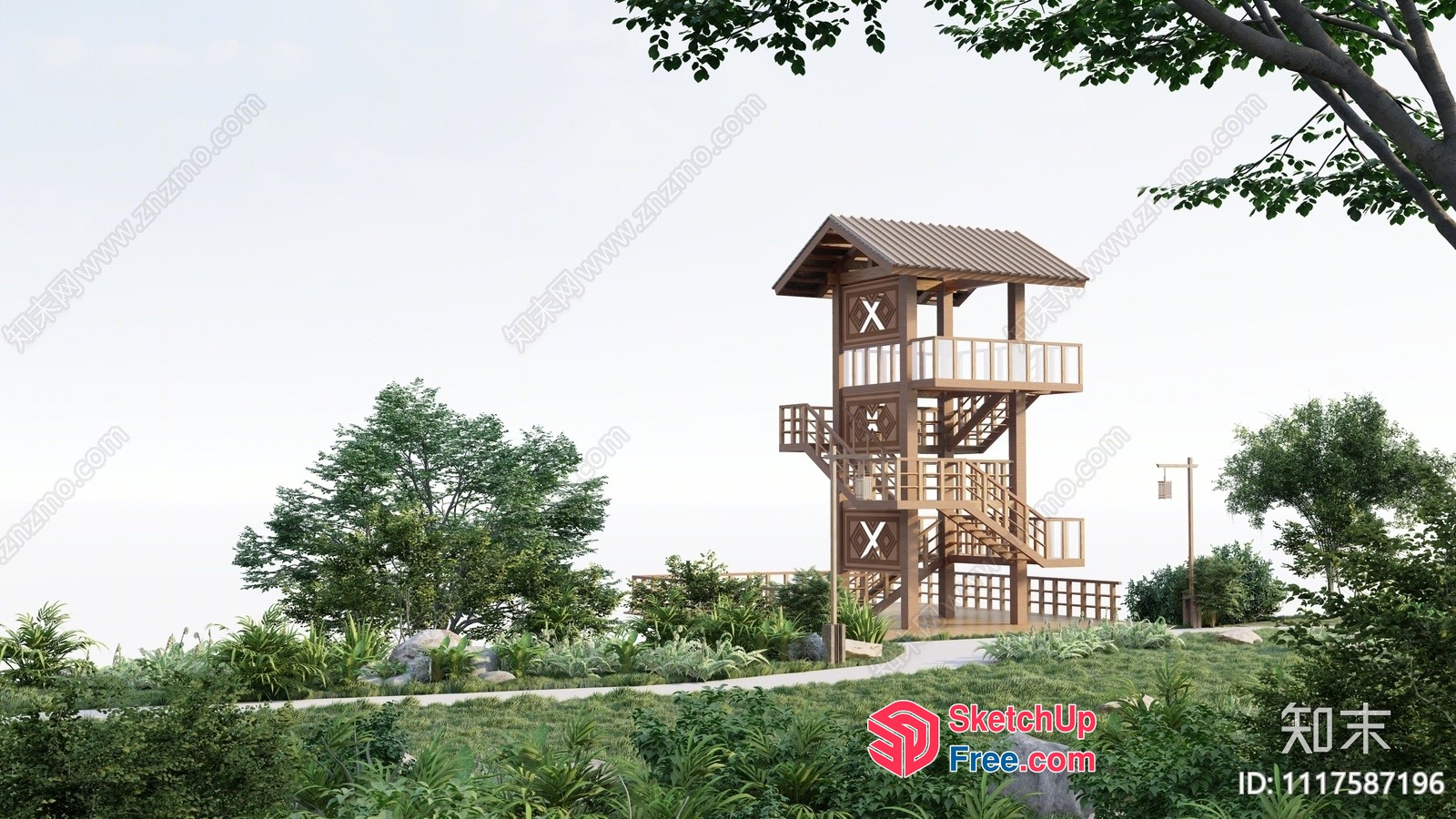 Towering Wooden Observation Deck With Staircase And Balconies 3D SketchUp File
