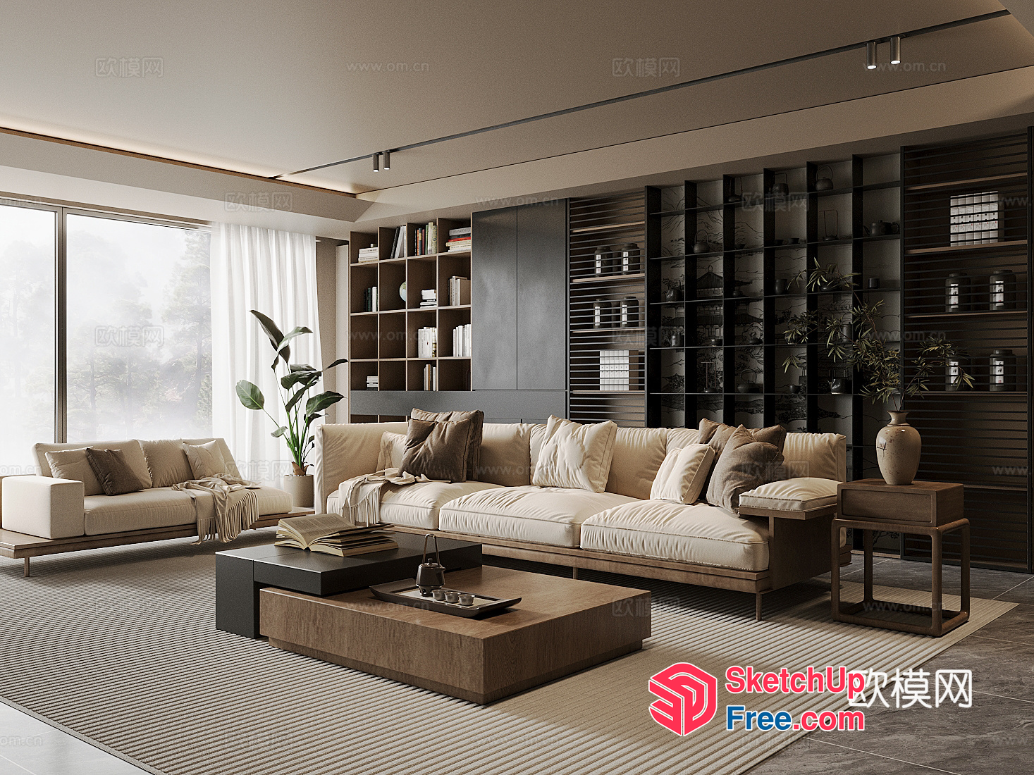 Modern Minimalist Living Room With Large Windows And Beige Sofa 3D SketchUp File