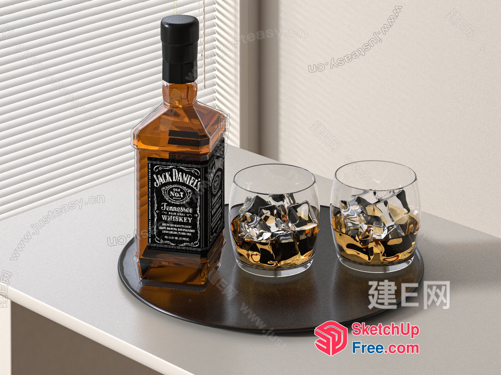 Jack Daniel'S Whiskey Bottle And Two Glasses On Tray 3D SketchUp File