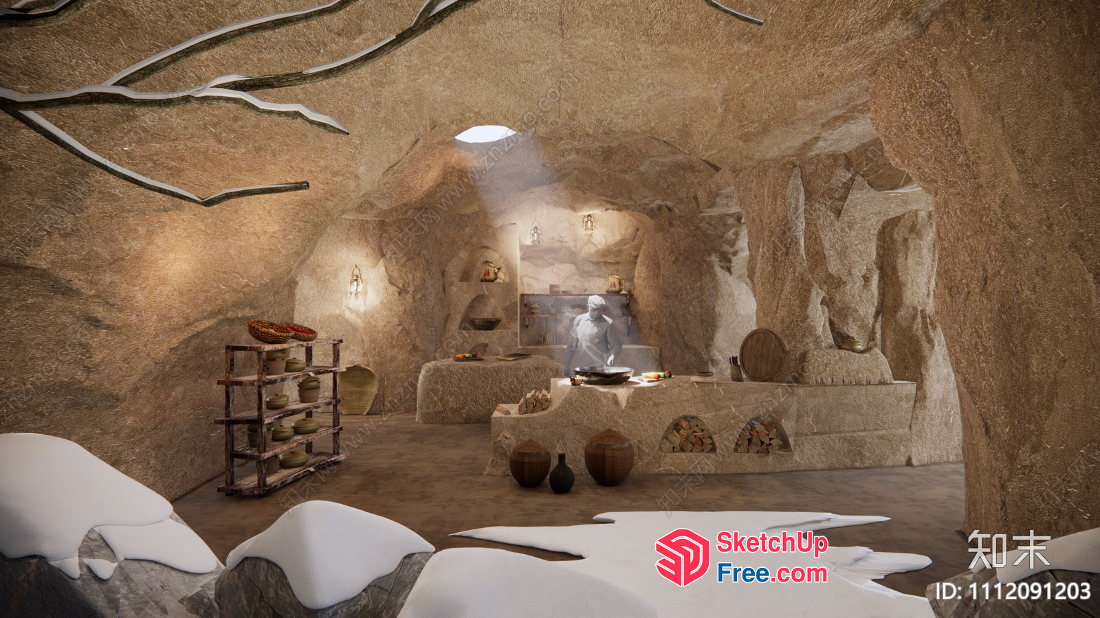 Cave-Like Interior With Snowy Floor And Unique Furniture 3D SketchUp File
