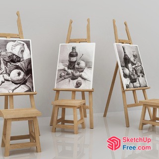 Three Wooden Easels And Stools With Black And White Art 3D SketchUp File