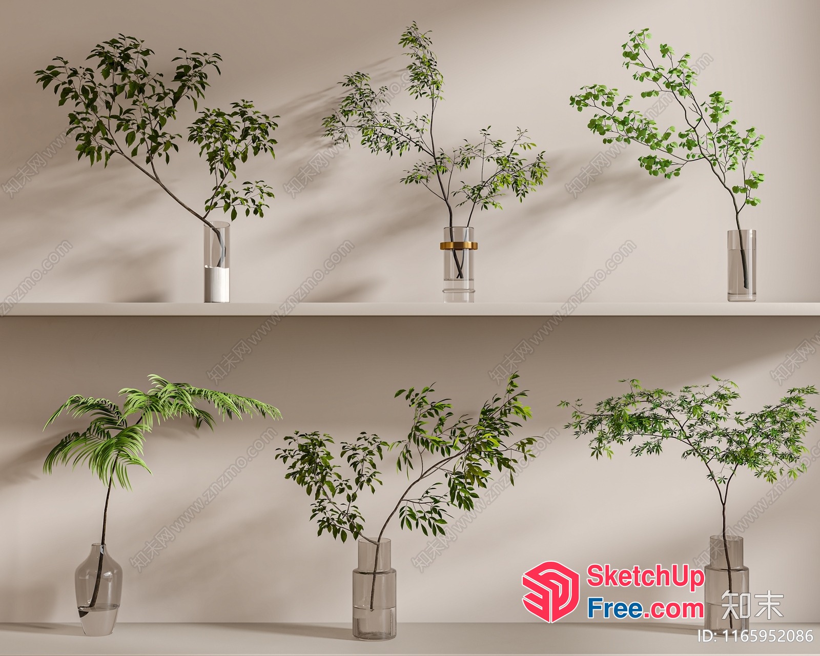 Glass Vases With Greenery On White Shelves 3D SketchUp File