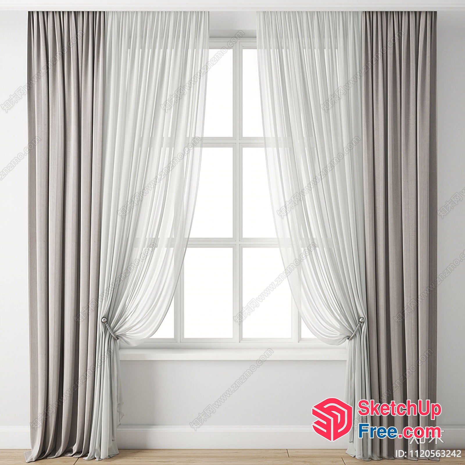 Elegant Window With Sheer Curtains And Floor-To-Ceiling Drapes 3D SketchUp File