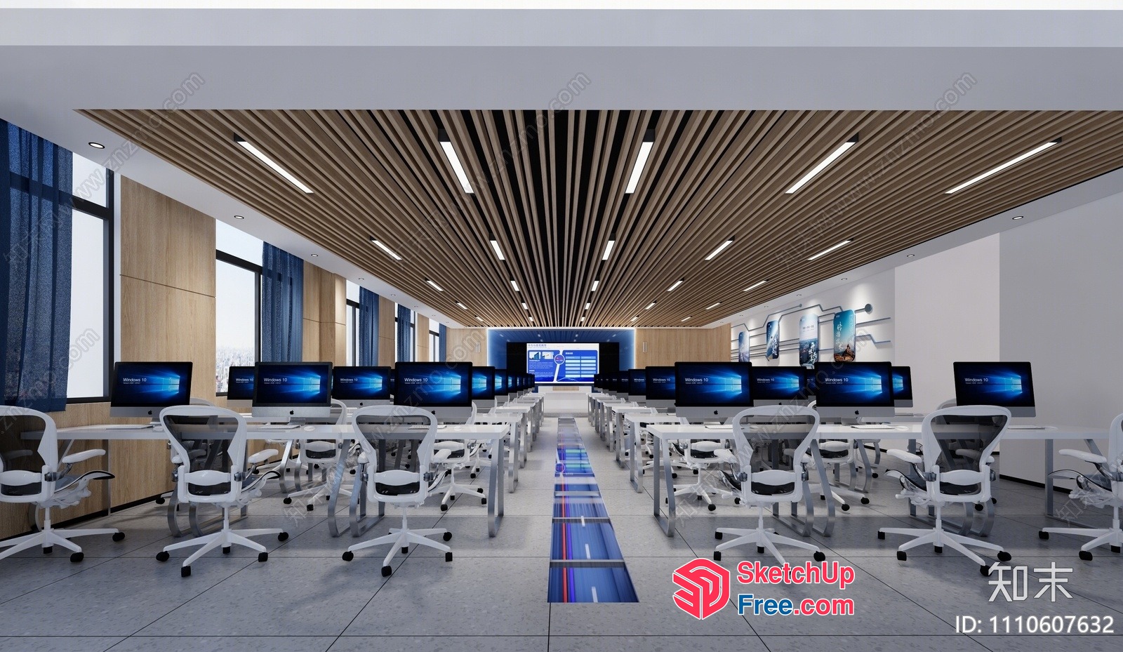 Modern Office Space With White Chairs And Wooden Ceiling 3D SketchUp File