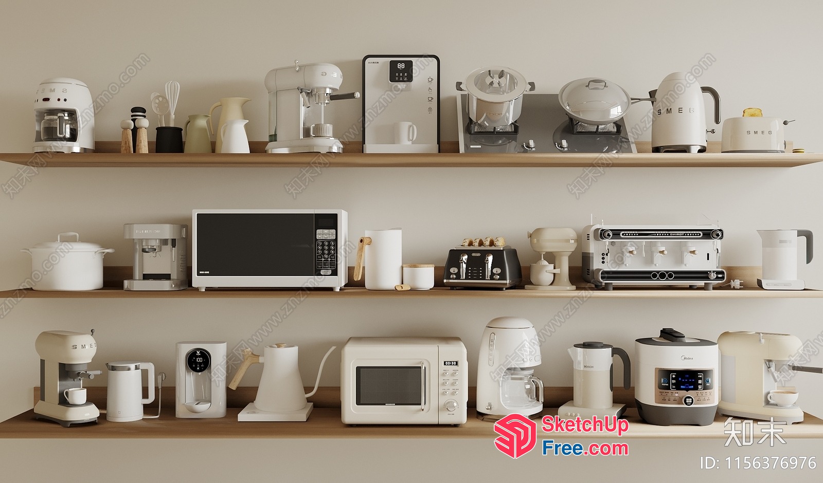 Modern Kitchen Appliances On Wooden Shelves 3D SketchUp File
