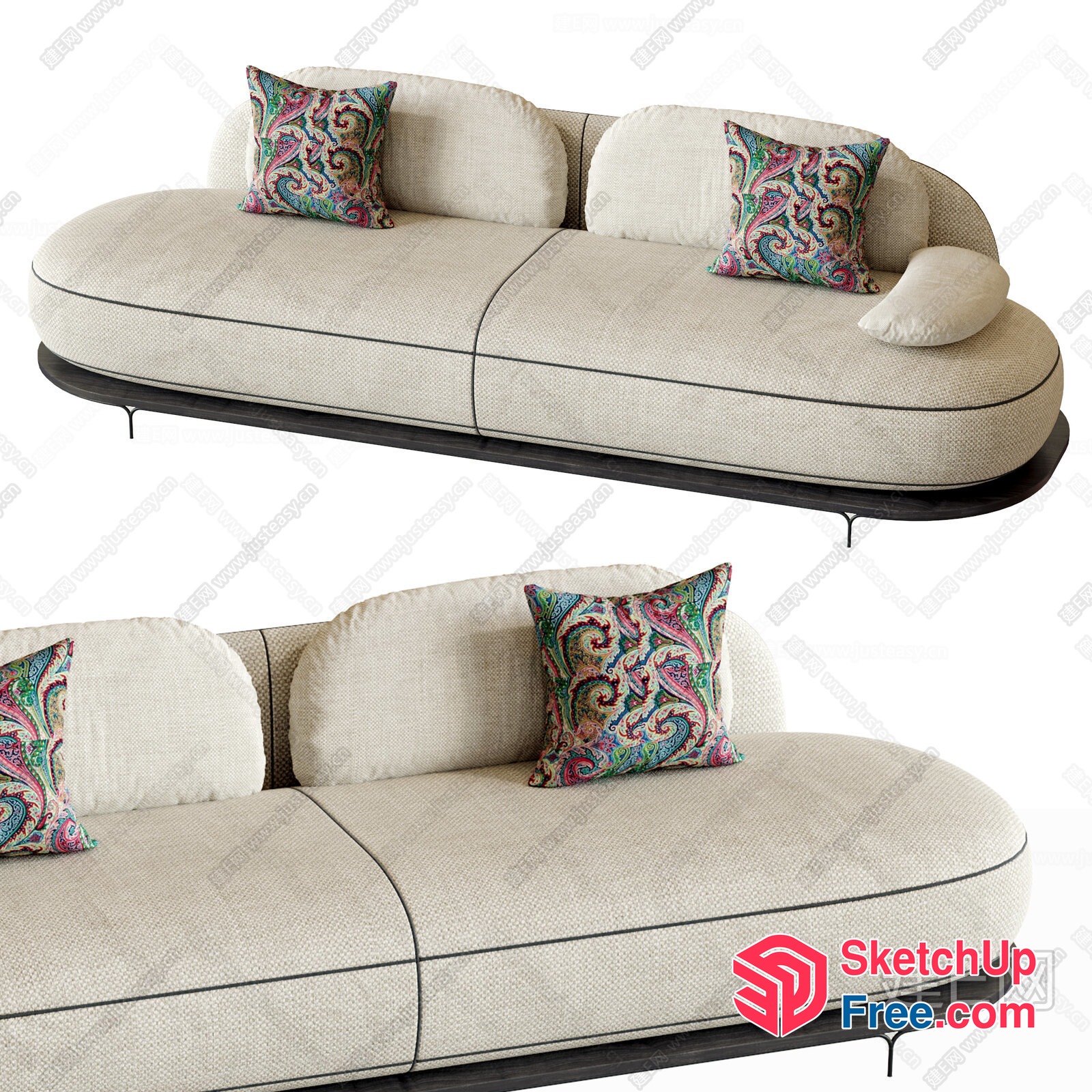 Elegant Creamy Style Sofa With Floral Pillows 3D SketchUp File