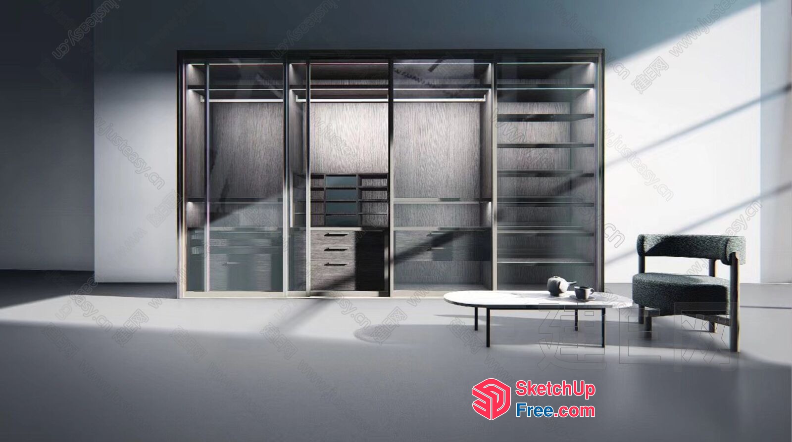Modern Glass Wall Unit With Sleek Furniture Arrangement 3D SketchUp File