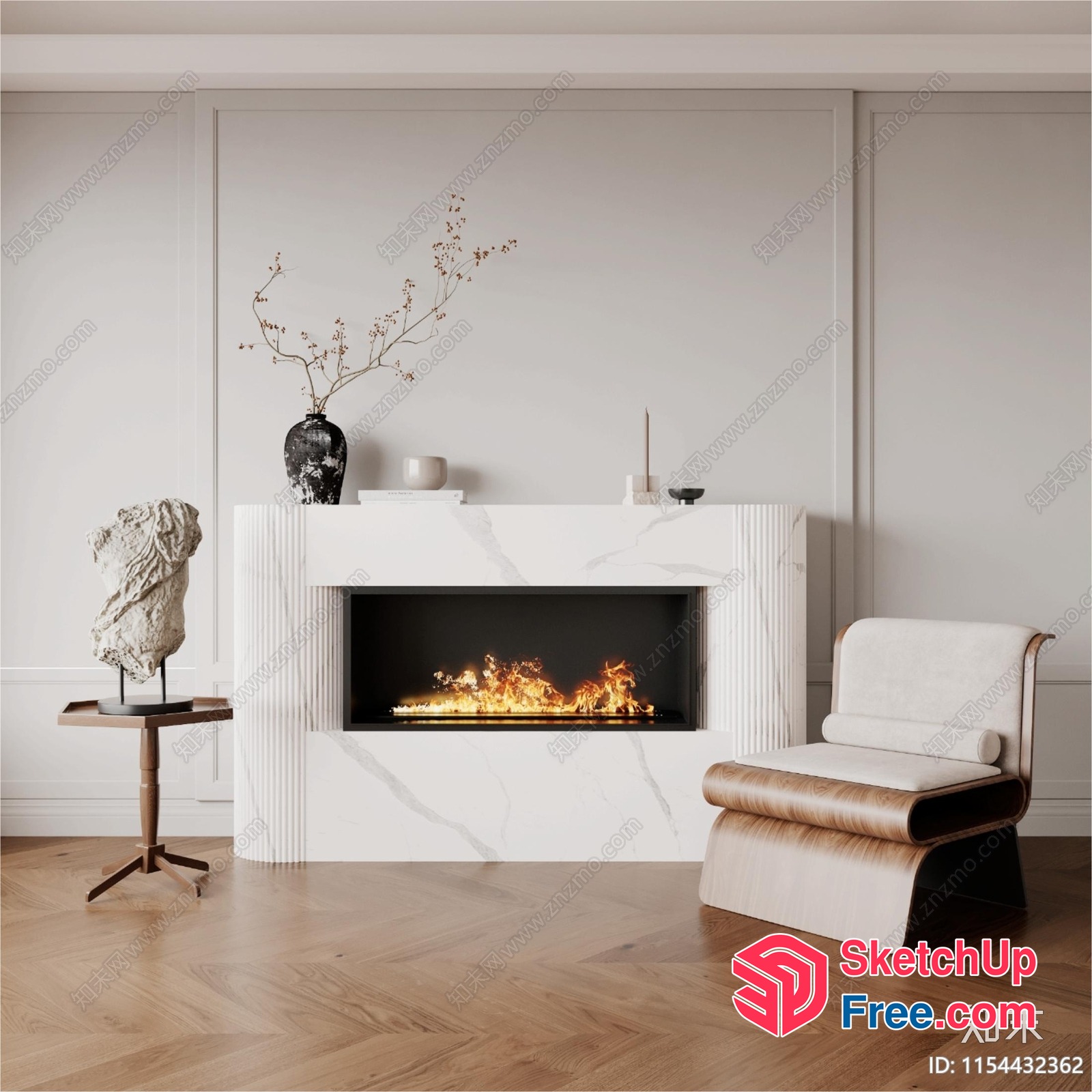 Elegant Fireplace With Minimalist Living Room Decor 3D SketchUp File