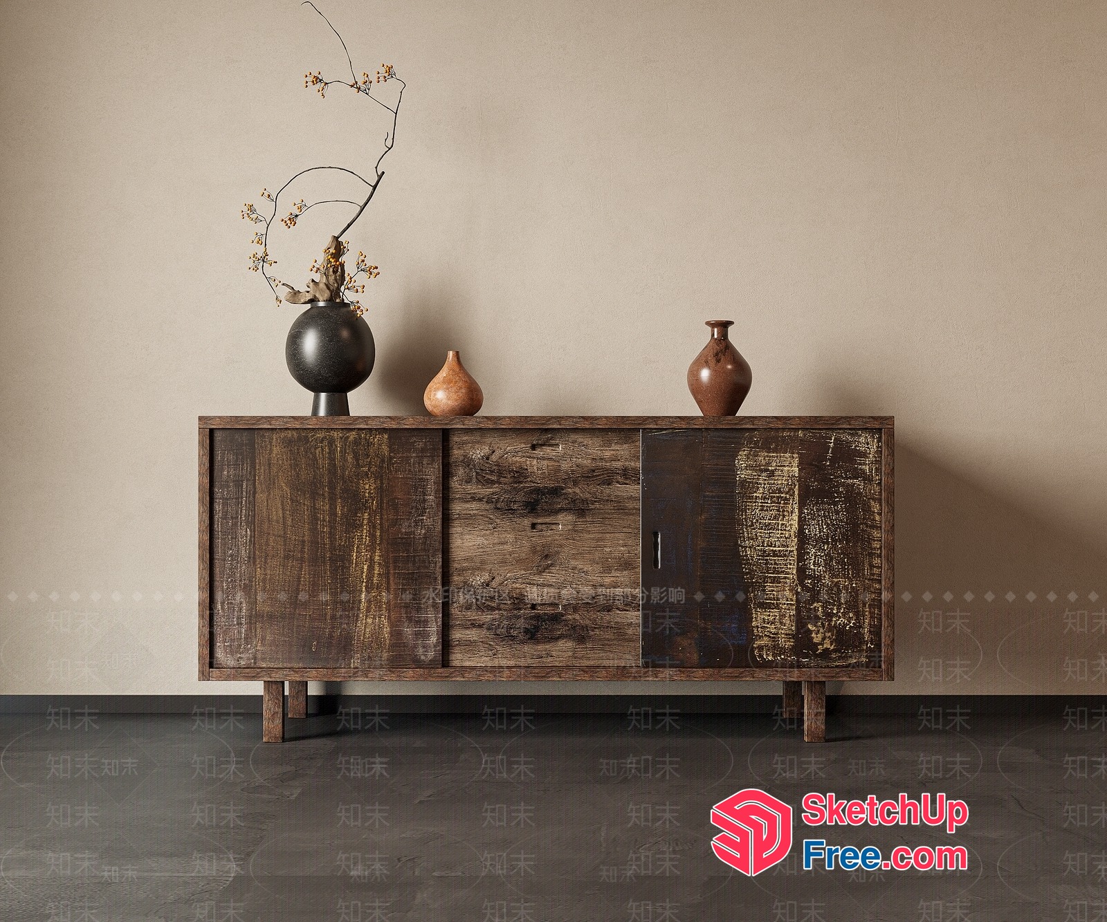Wooden Sideboard With Vases And Vase-Like Decor 3D SketchUp File