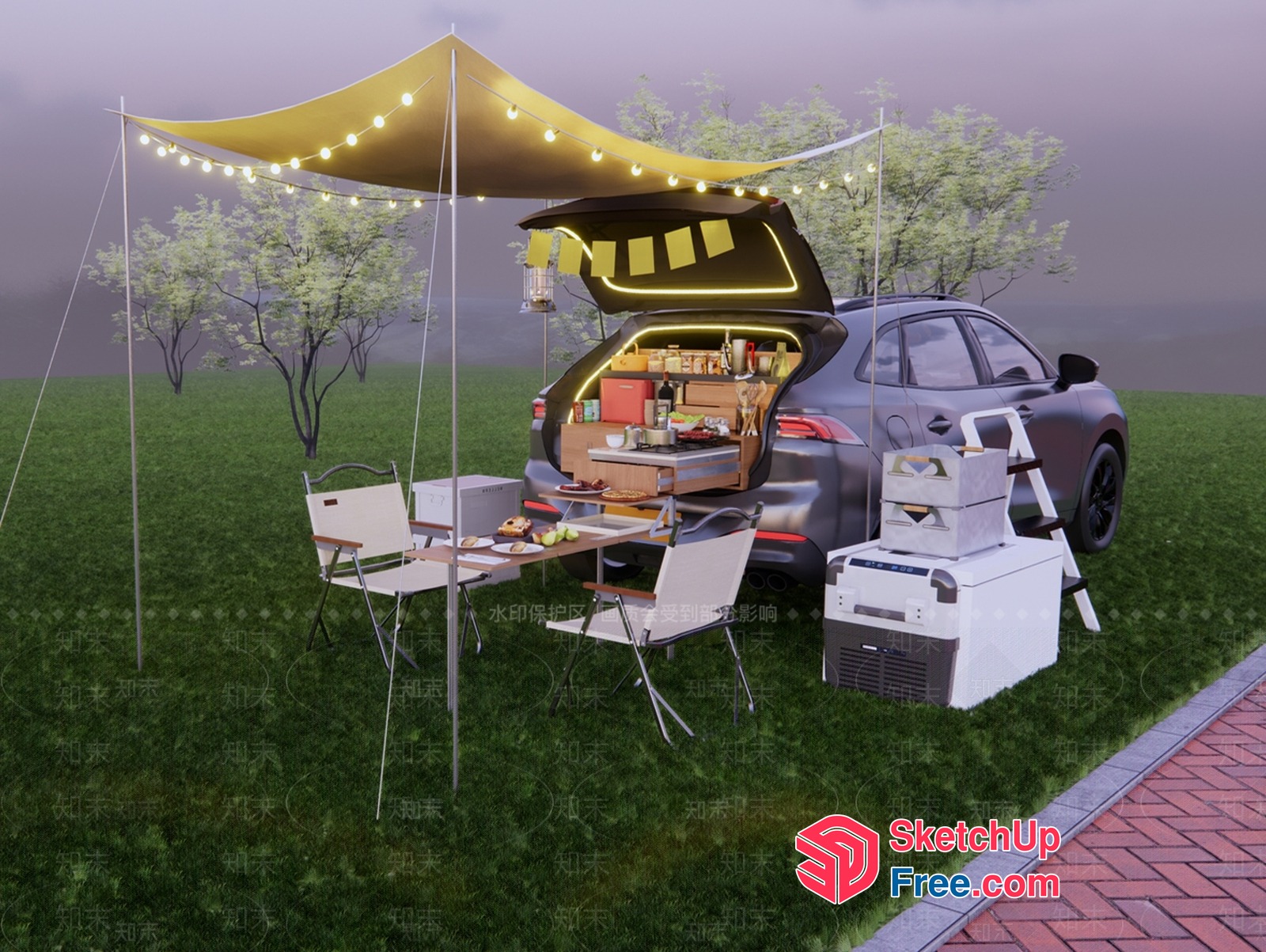 Outdoor Camping Setup With Car And Table 3D SketchUp File