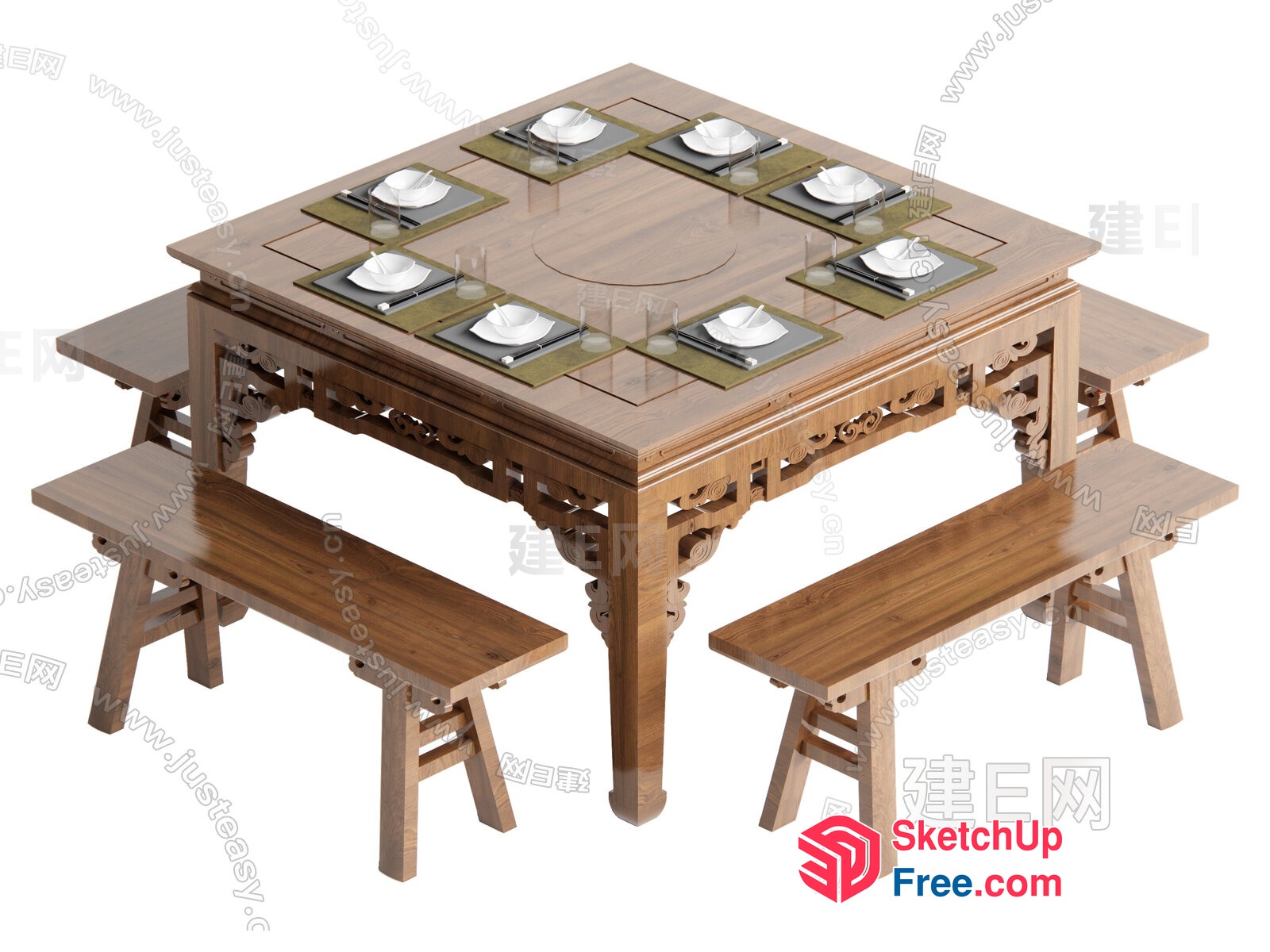 Ornate Dining Table With Matching Benches 3D SketchUp File