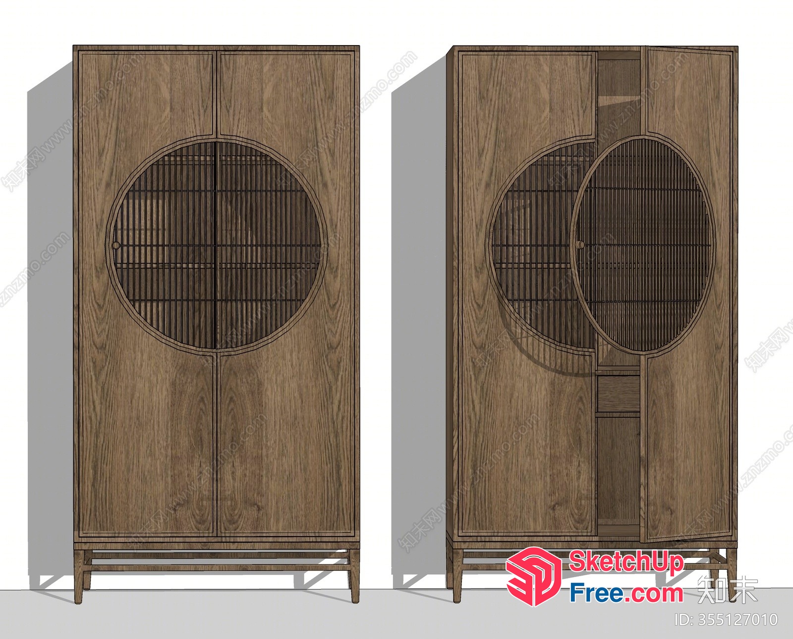 Two Tall Wooden Cabinets With Round Decorative Windows 3D SketchUp File