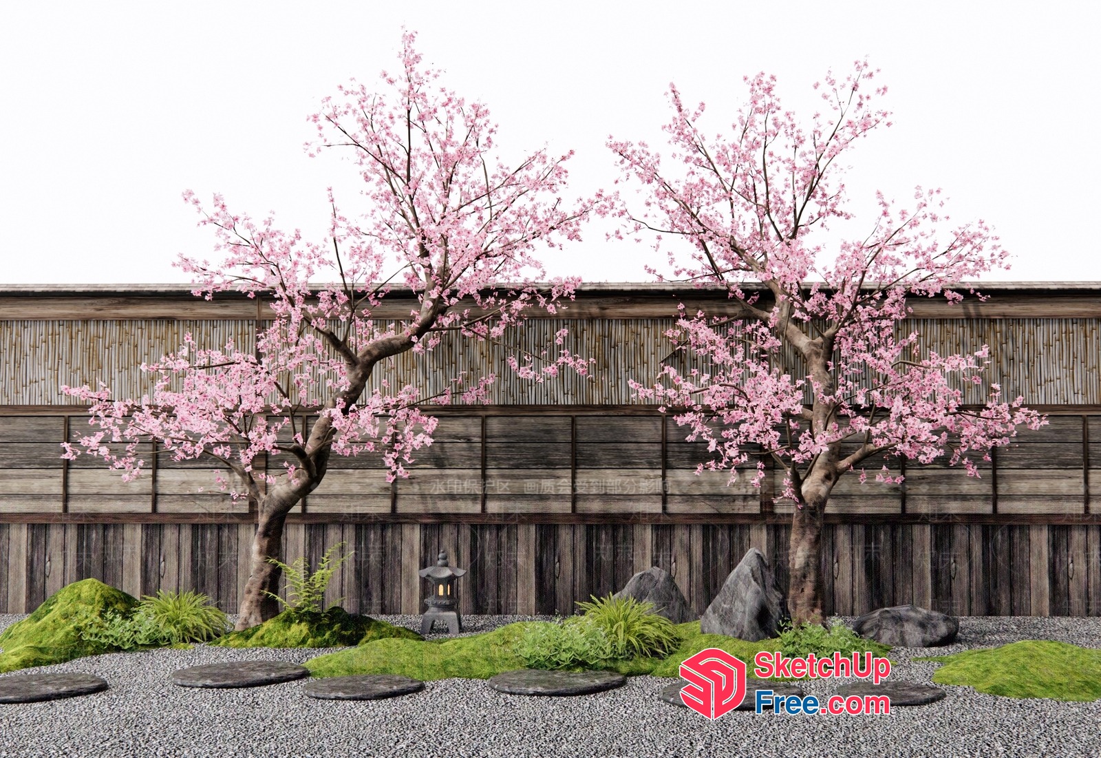 Traditional Japanese Garden Scene With Cherry Blossoms And Lantern 3D SketchUp File