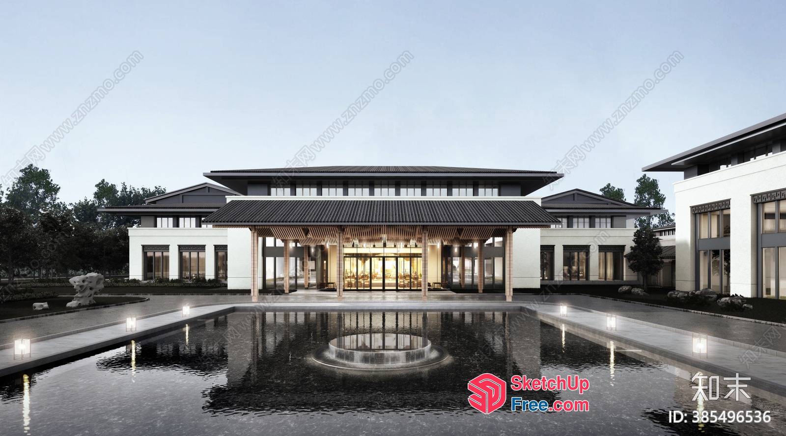 Exterior Of A Modern Asian Villa With A Large Pool 3D SketchUp File