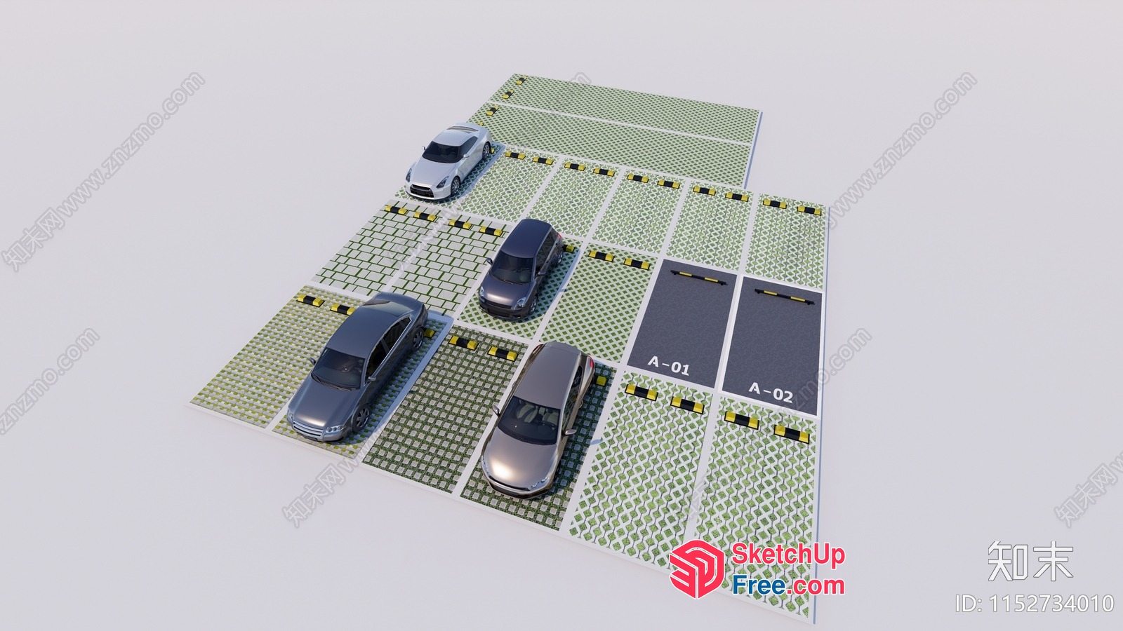 Parking Lot With Cars And Green Patterns 3D SketchUp File