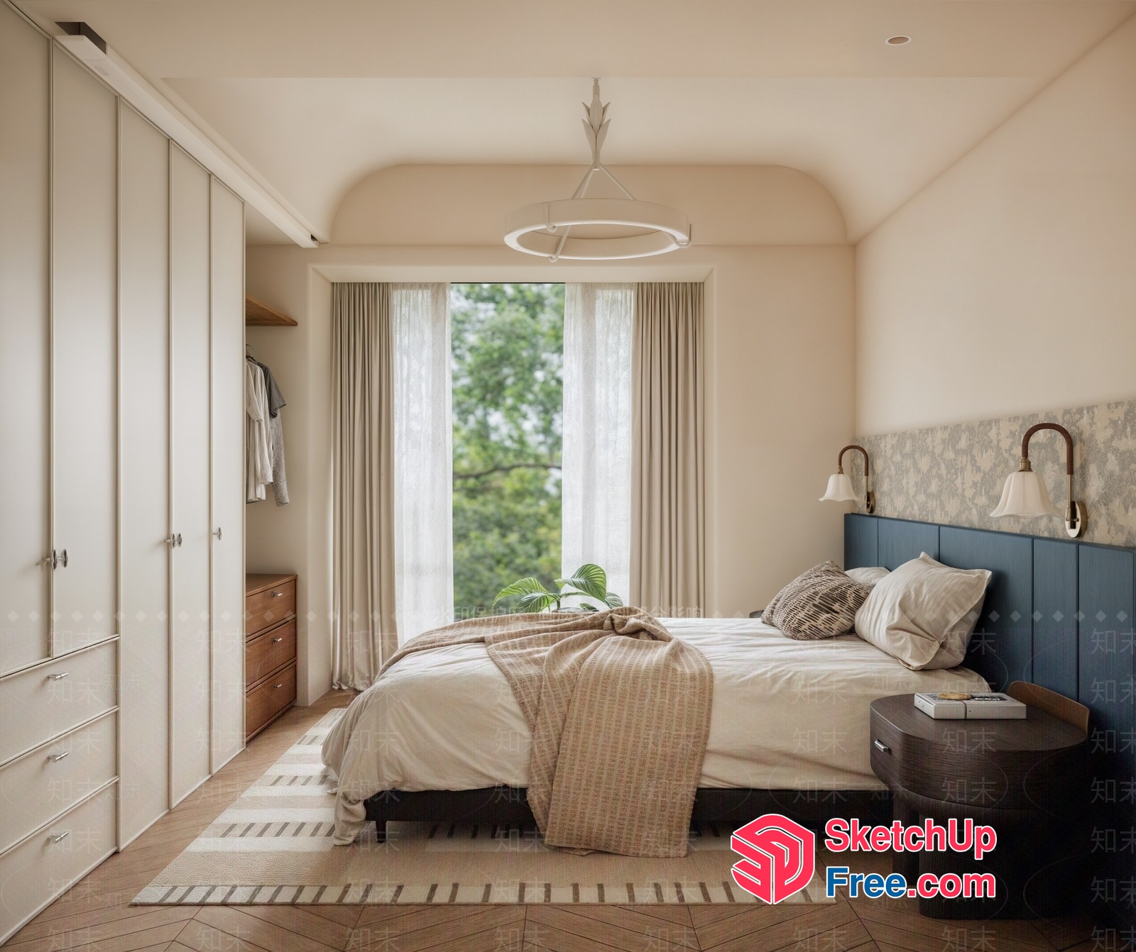 Modern Bedroom With Blue Headboard And Natural Light 3D SketchUp File
