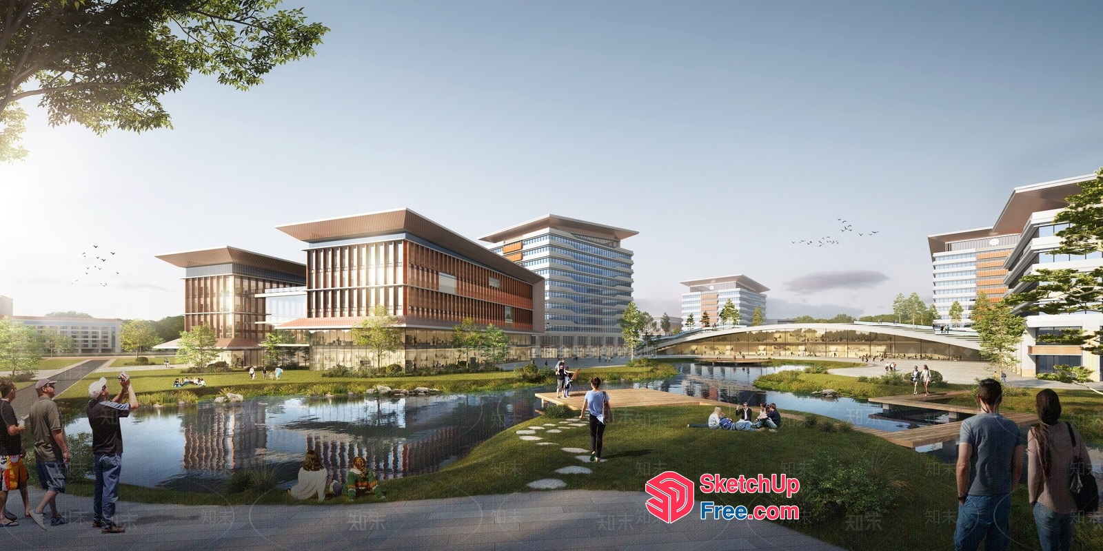 Modern Commercial Complex With Lush Green Spaces And Serene Water Features 3D SketchUp File
