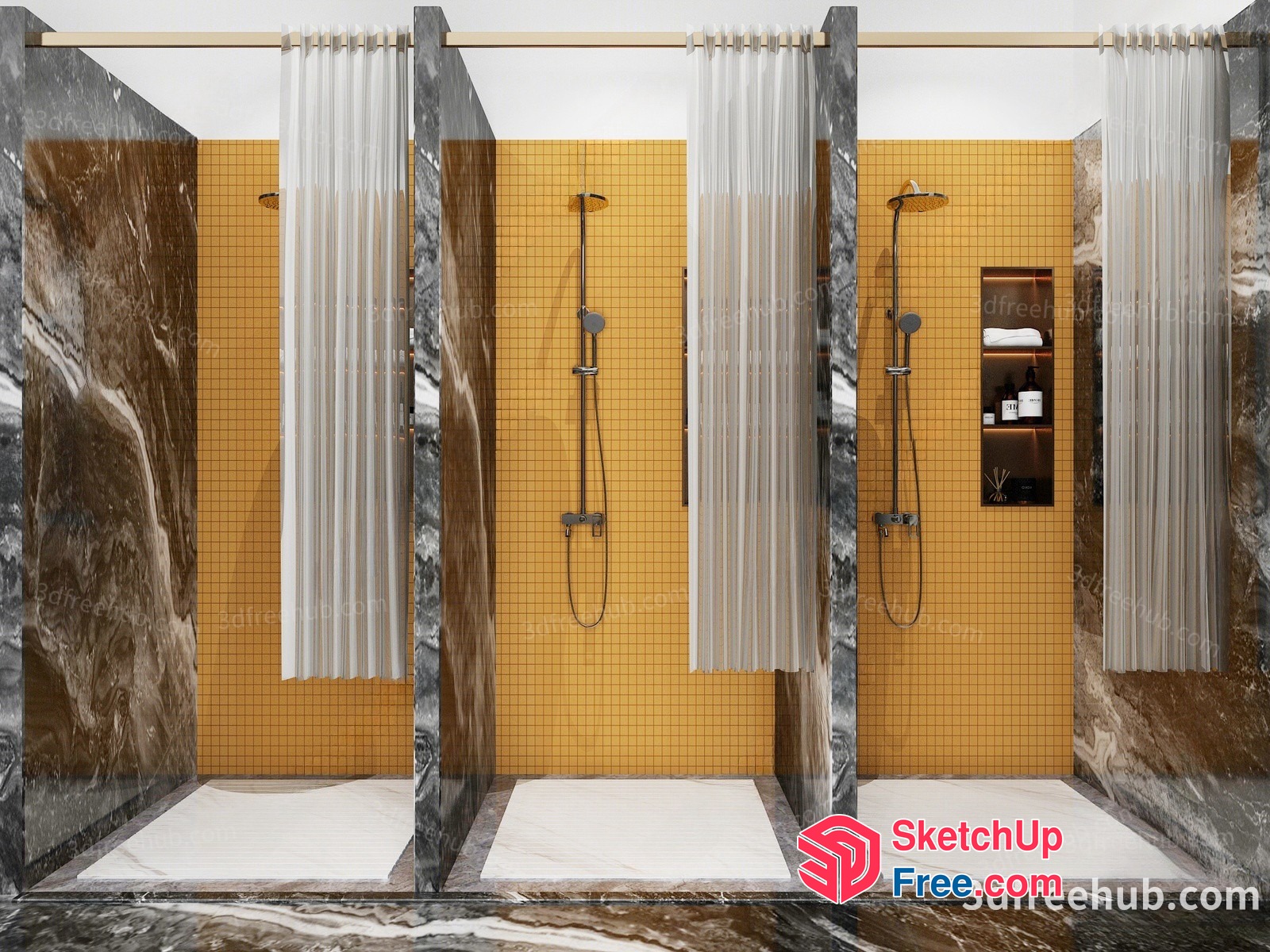 Modern Shower Room With Marble Walls And Yellow Tiles 3D SketchUp File