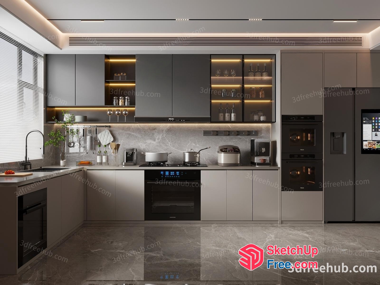 Modern Kitchen Interior With Grey Cabinets And Appliances 3D SketchUp File