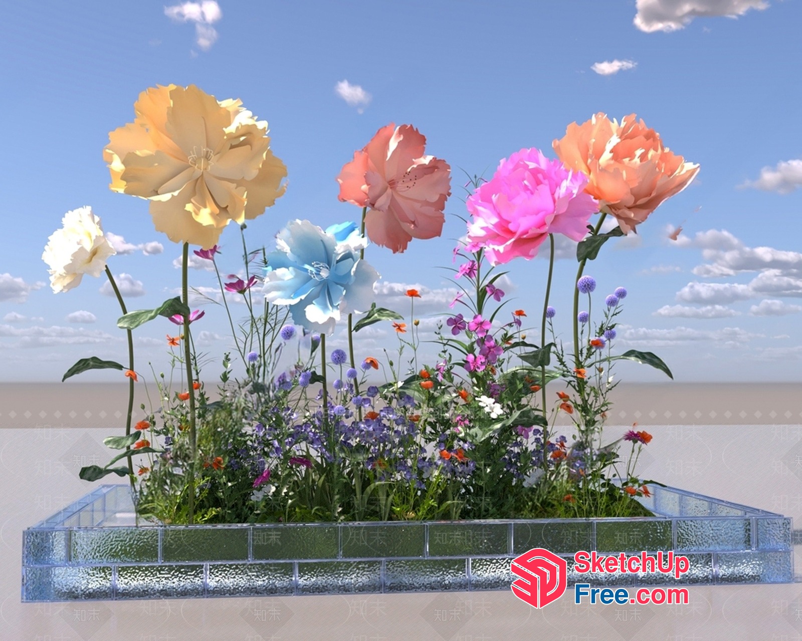 Colorful Flowers In Glass Planter 3D SketchUp File