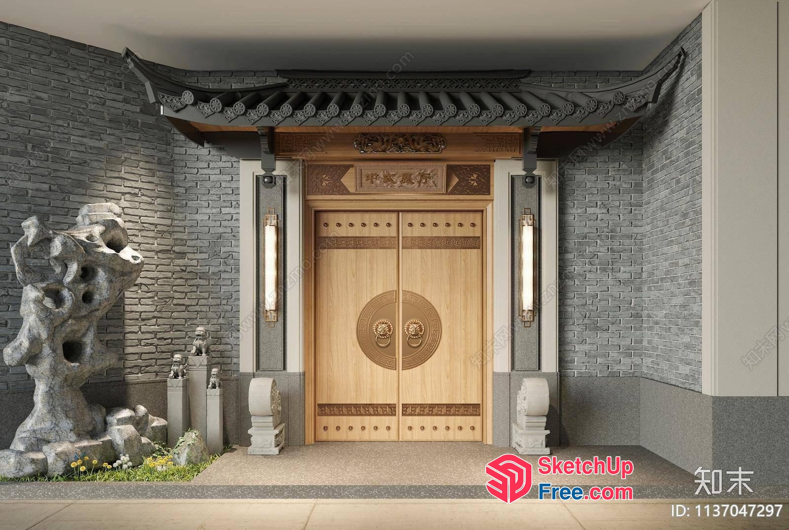 Traditional Asian-Style Entrance With Ornate Door And Stone Decor 3D SketchUp File