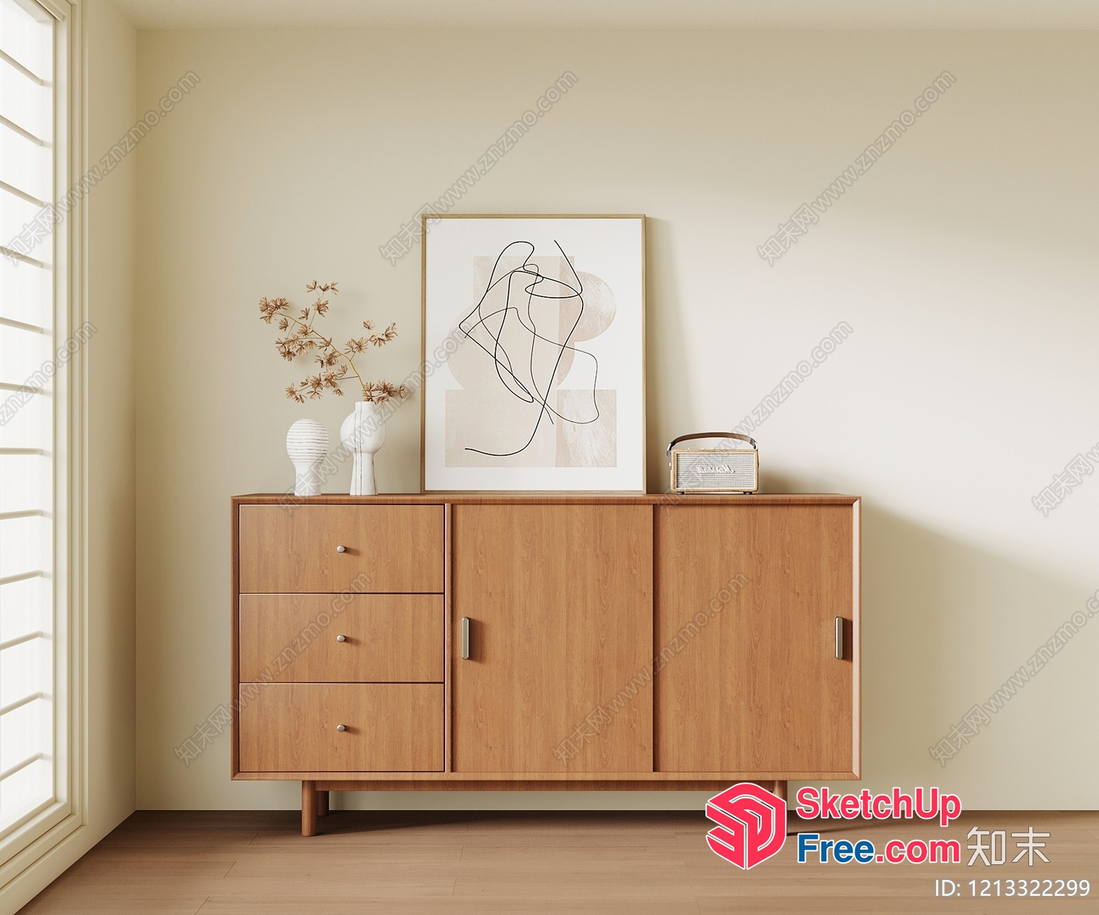 Elegant Mid-Century Modern Sideboard In Creamy Style 3D SketchUp File