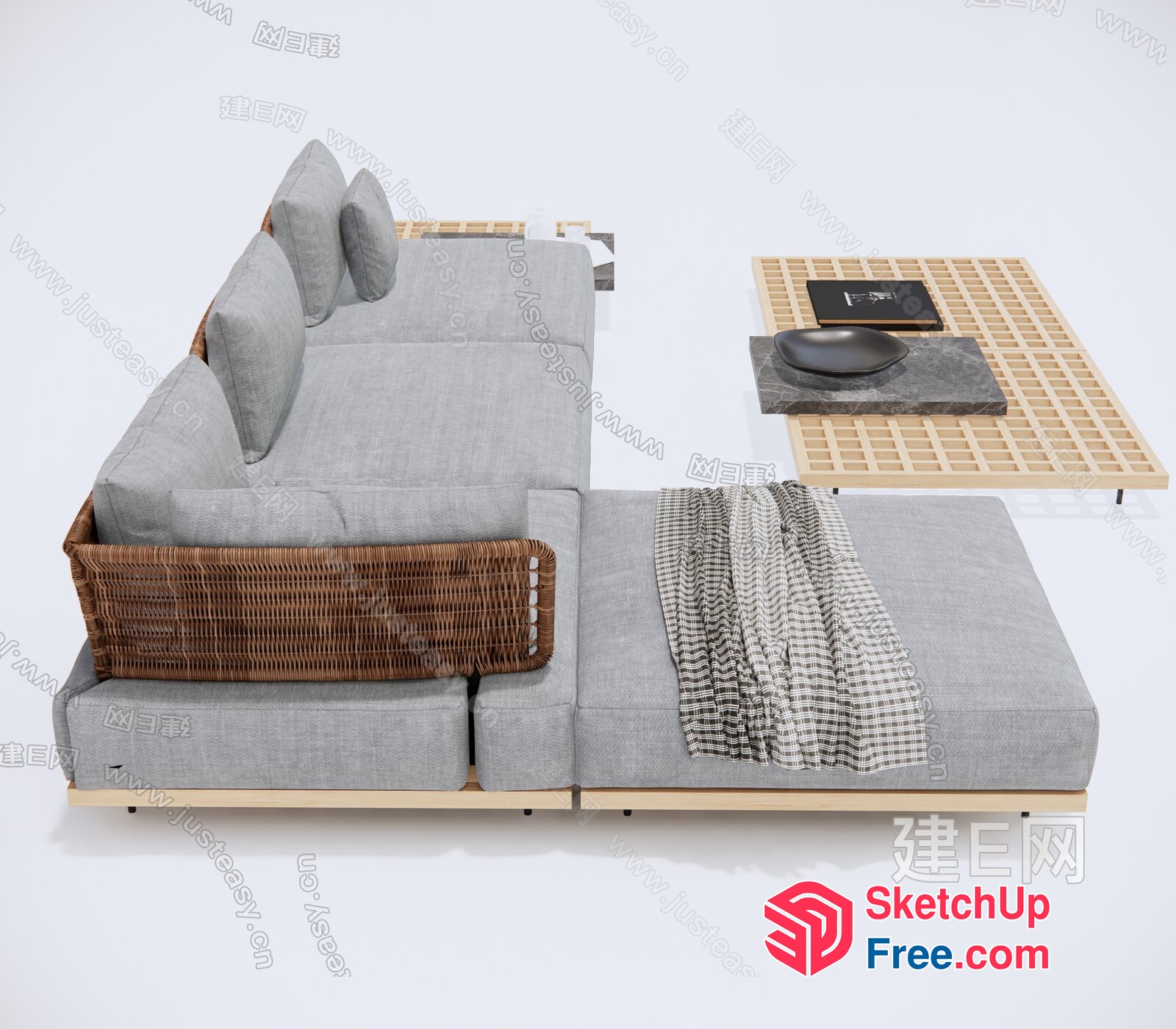 Modern Grey L-Shaped Sofa With Wooden Base 3D SketchUp File