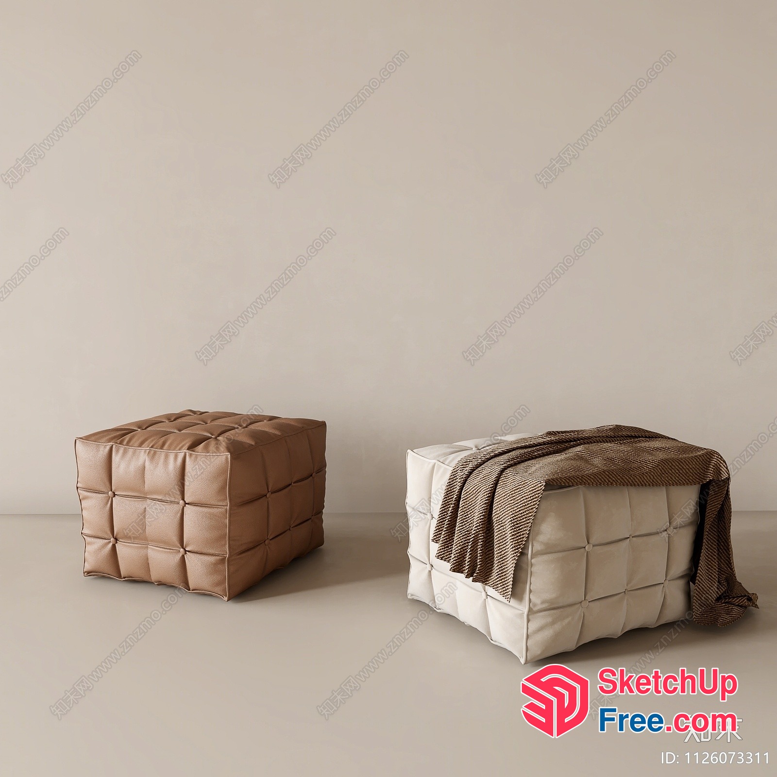 Two Leather Ottomans Against A Beige Wall 3D SketchUp File