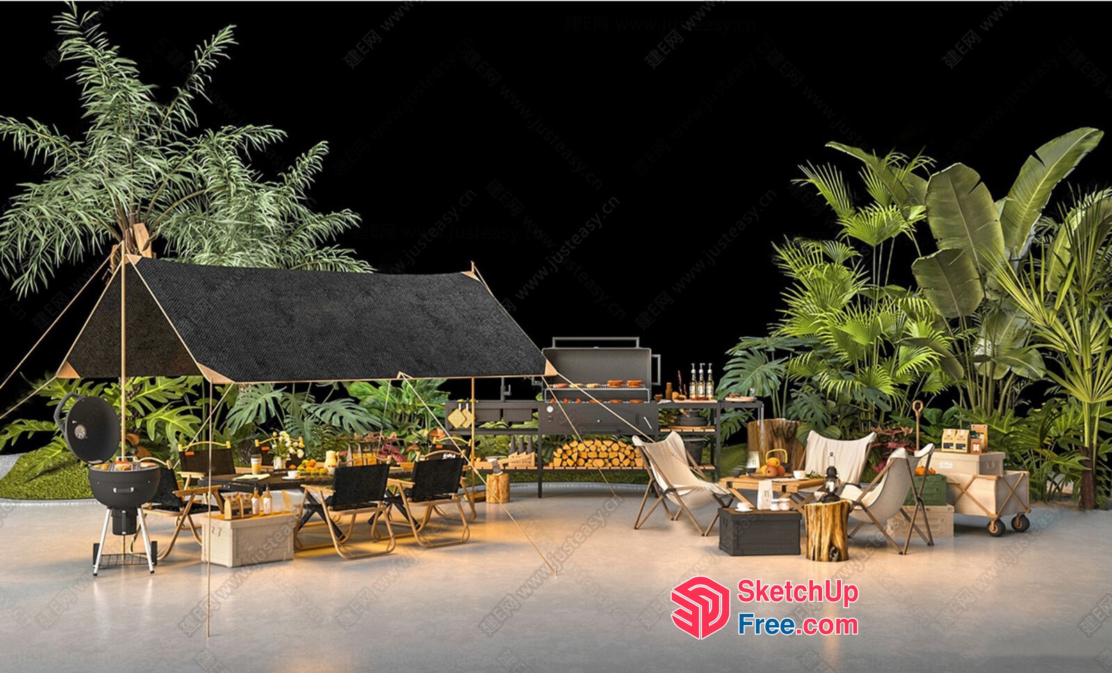 Outdoor Dining And Barbecue Area With Tropical Plants 3D SketchUp File