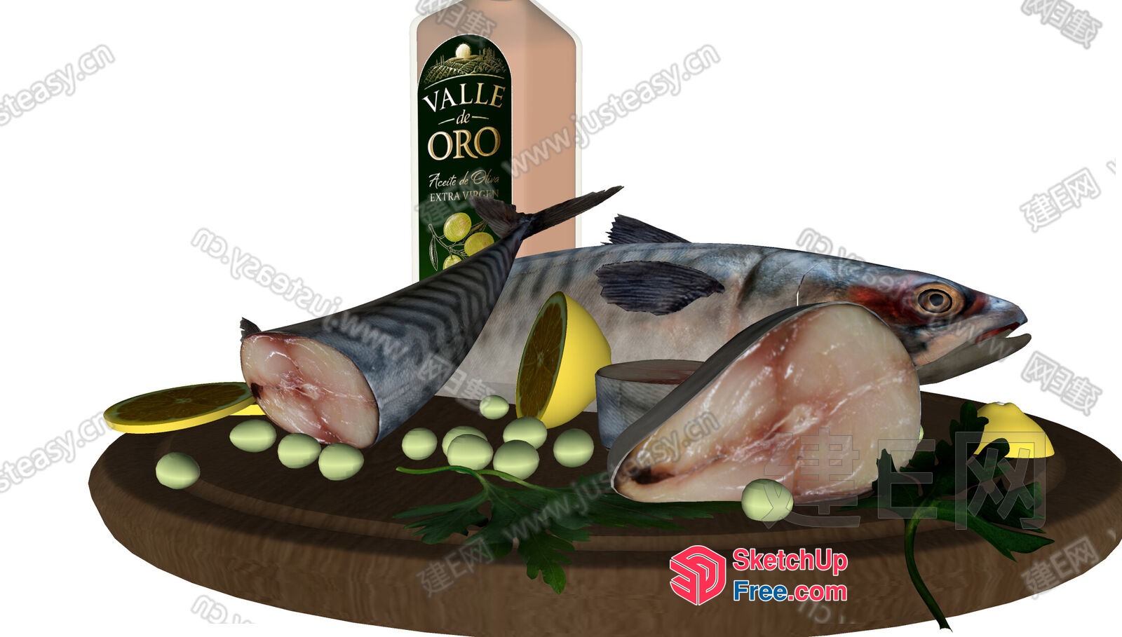 Fish And Olive Oil On A Wooden Table 3D SketchUp File