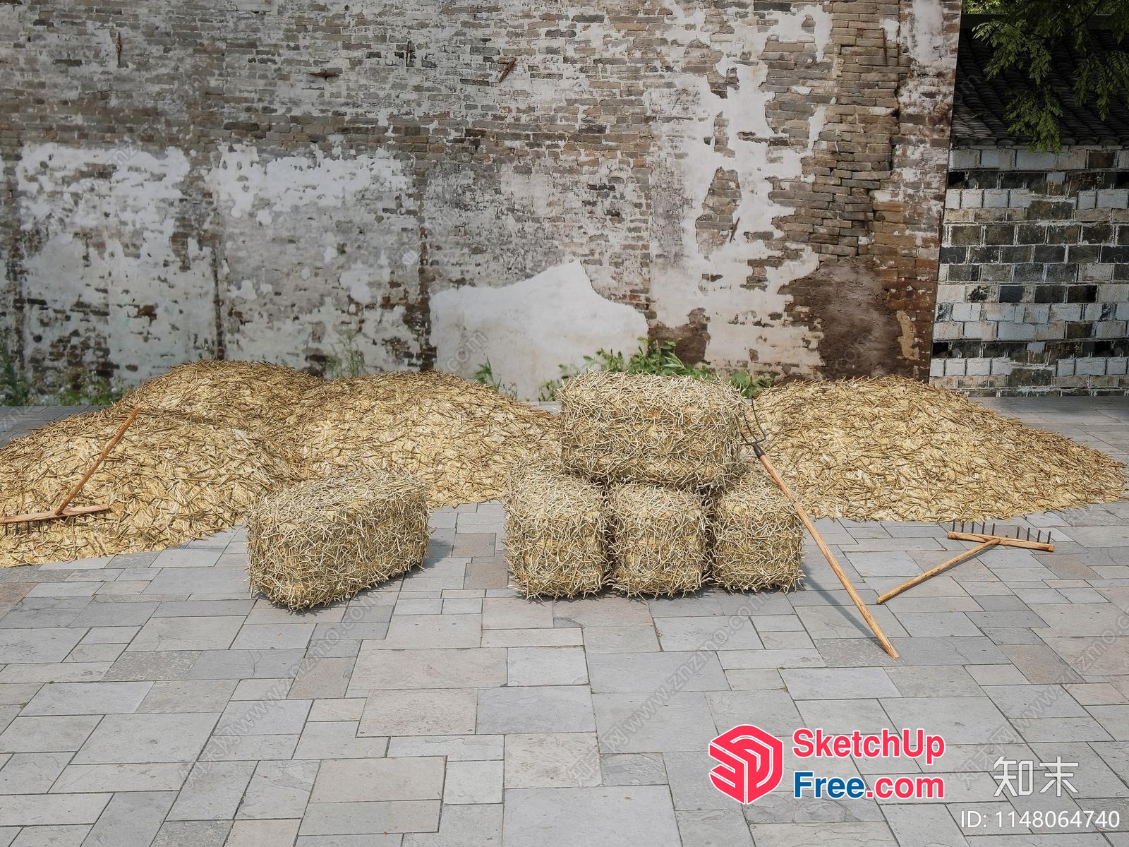 Piled Hay And Rakes In Front Of Weathered Brick Wall 3D SketchUp File