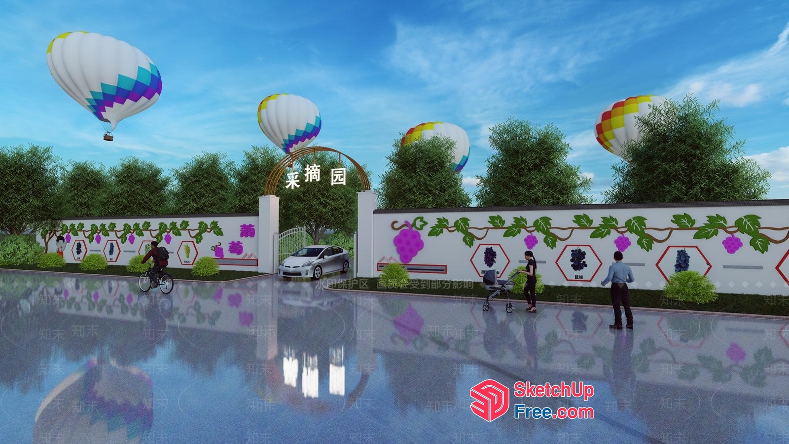 Hot Air Balloons Above A Decorative Wall 3D SketchUp File