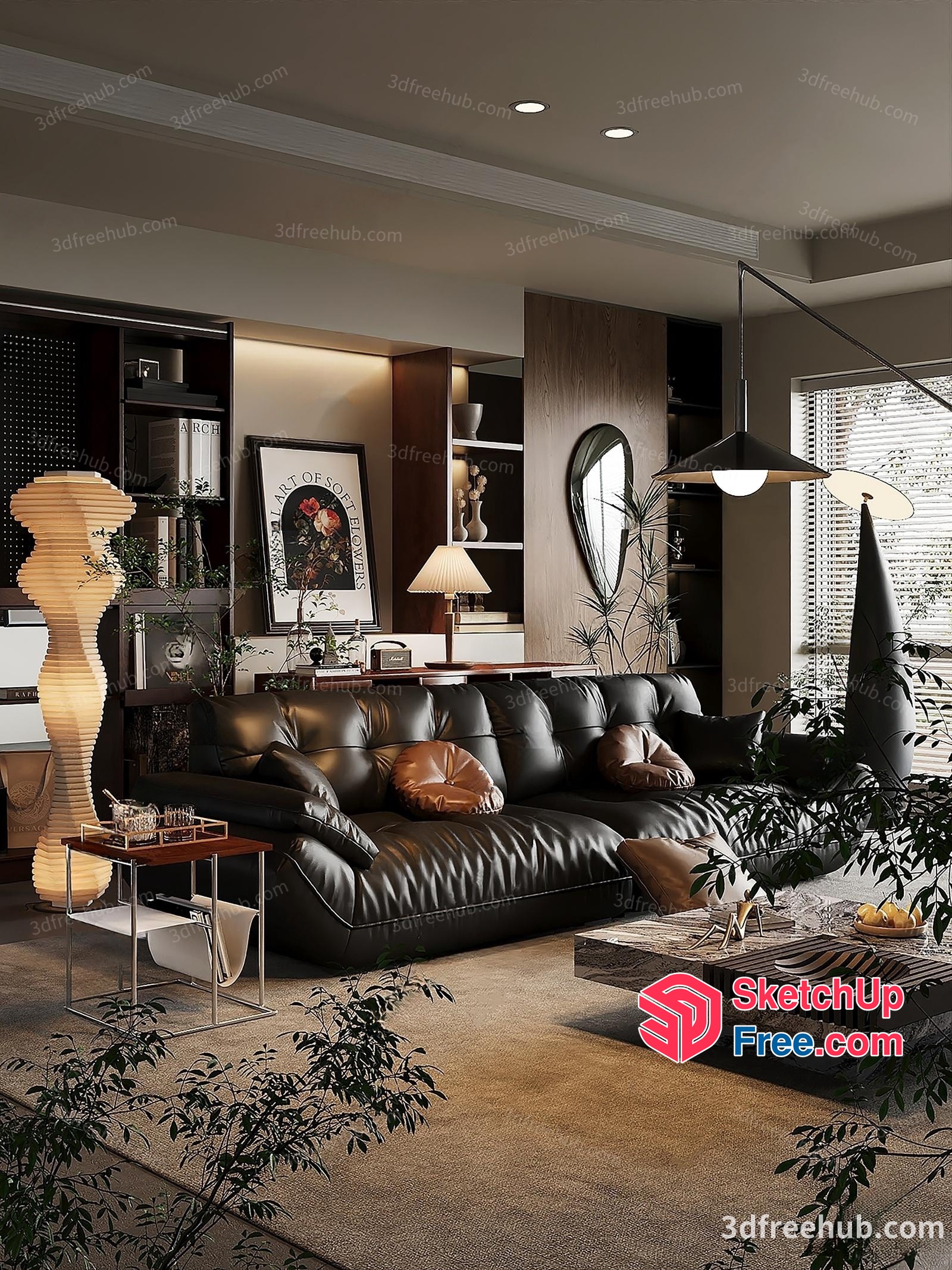 Modern Living Room With Leather Sofa And Natural Elements 3D SketchUp File