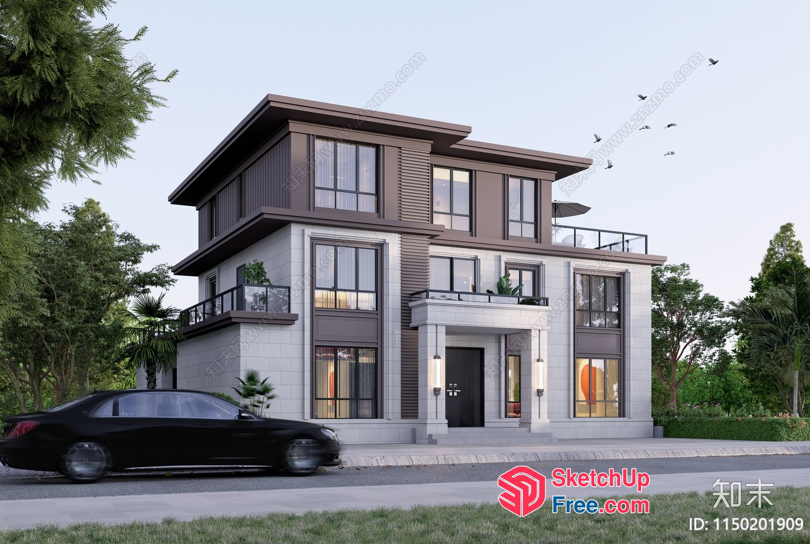 Modern Two-Story House With Balcony And Car 3D SketchUp File