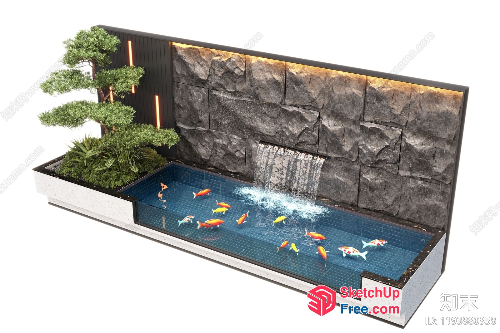 Japanese-Style Water Feature With Koi Fish And Plants 3D SketchUp File