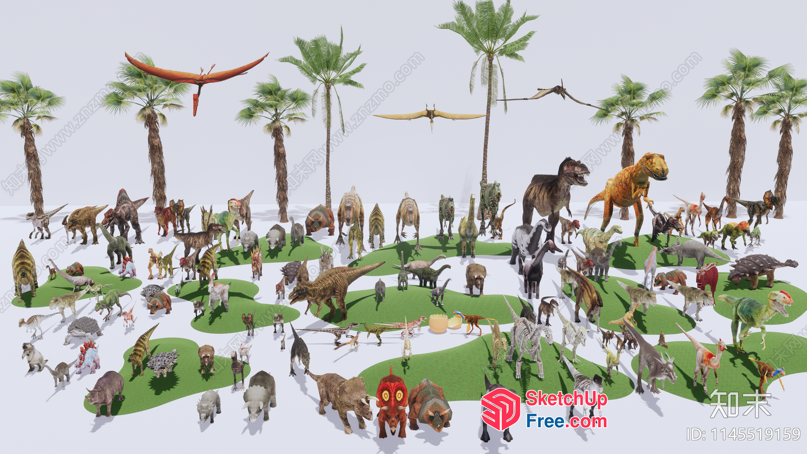 A Diverse Gathering Of Prehistoric Creatures In A Palm Tree-Lined Landscape 3D SketchUp File