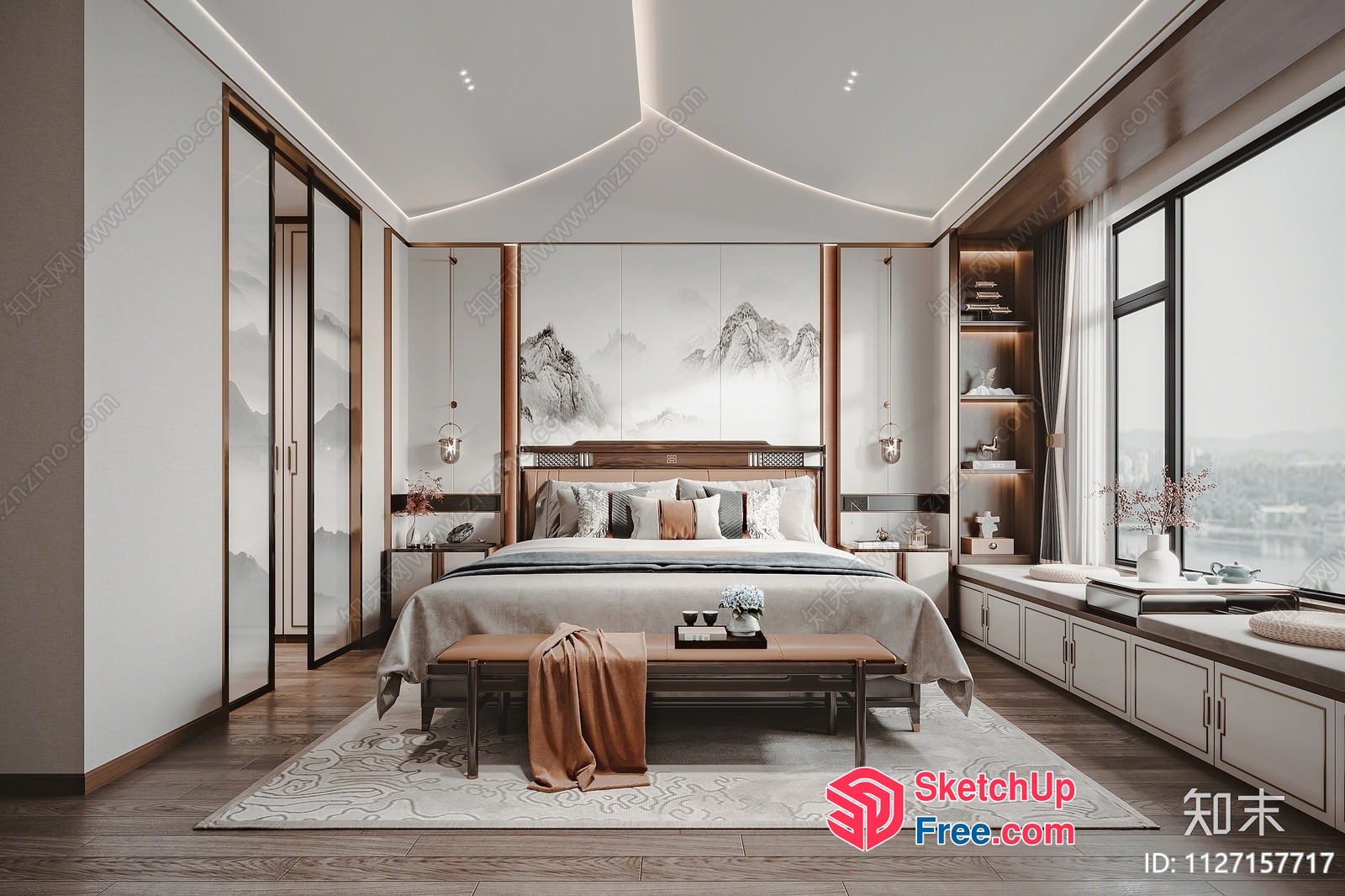 Modern Chinese-Inspired Bedroom With Elegant Mountain View 3D SketchUp File
