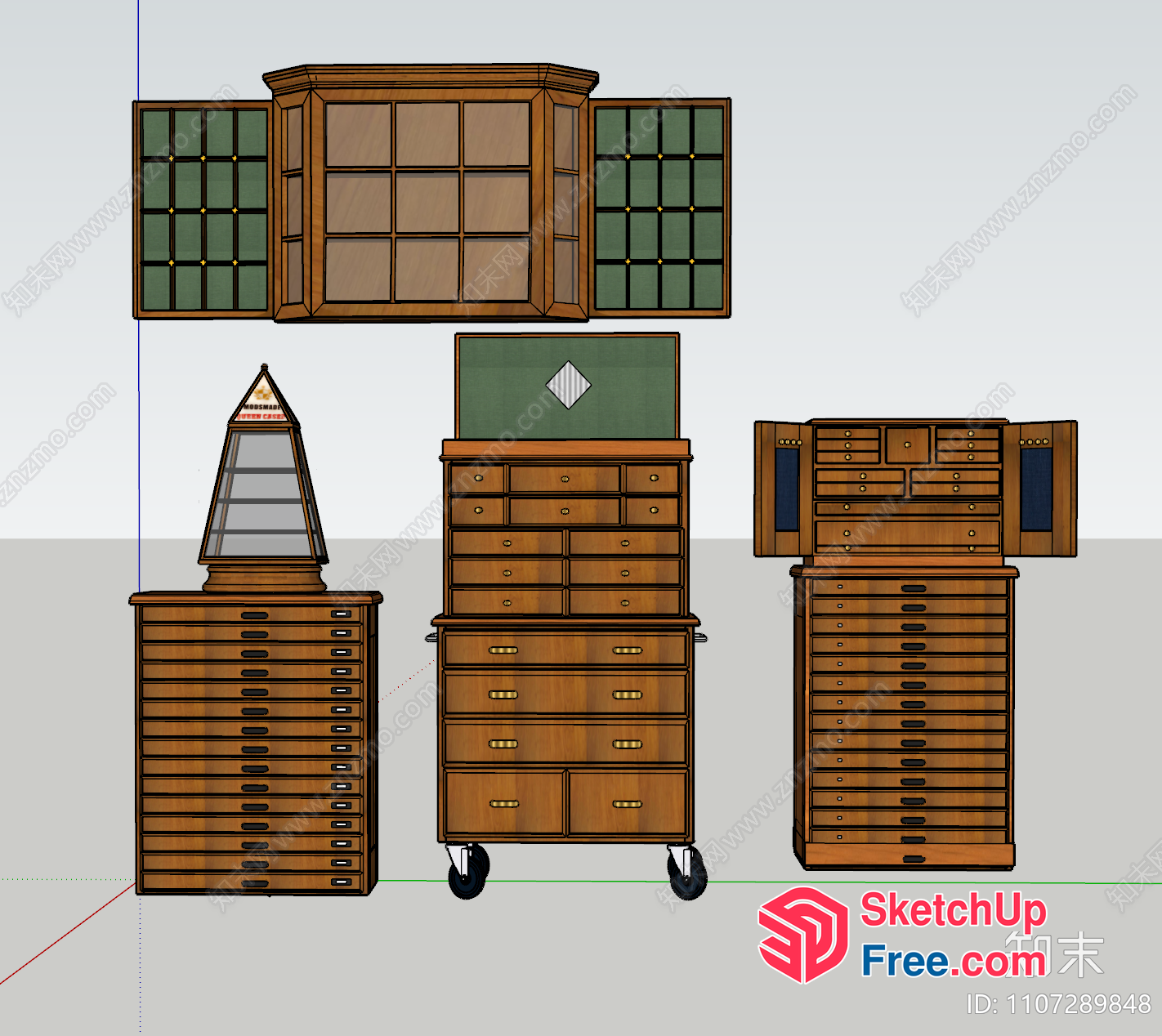 Antique Wooden Furniture Set With Drawers And Cabinets 3D SketchUp File