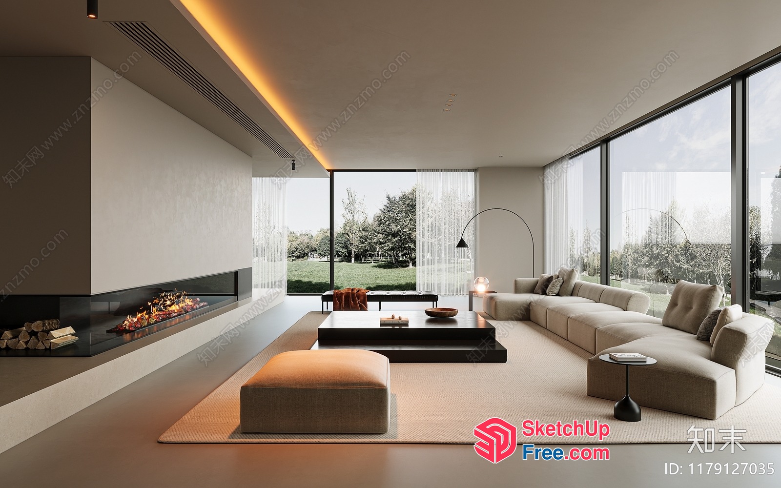 Modern Minimalist Living Room With Large Windows And Fireplace 3D SketchUp File