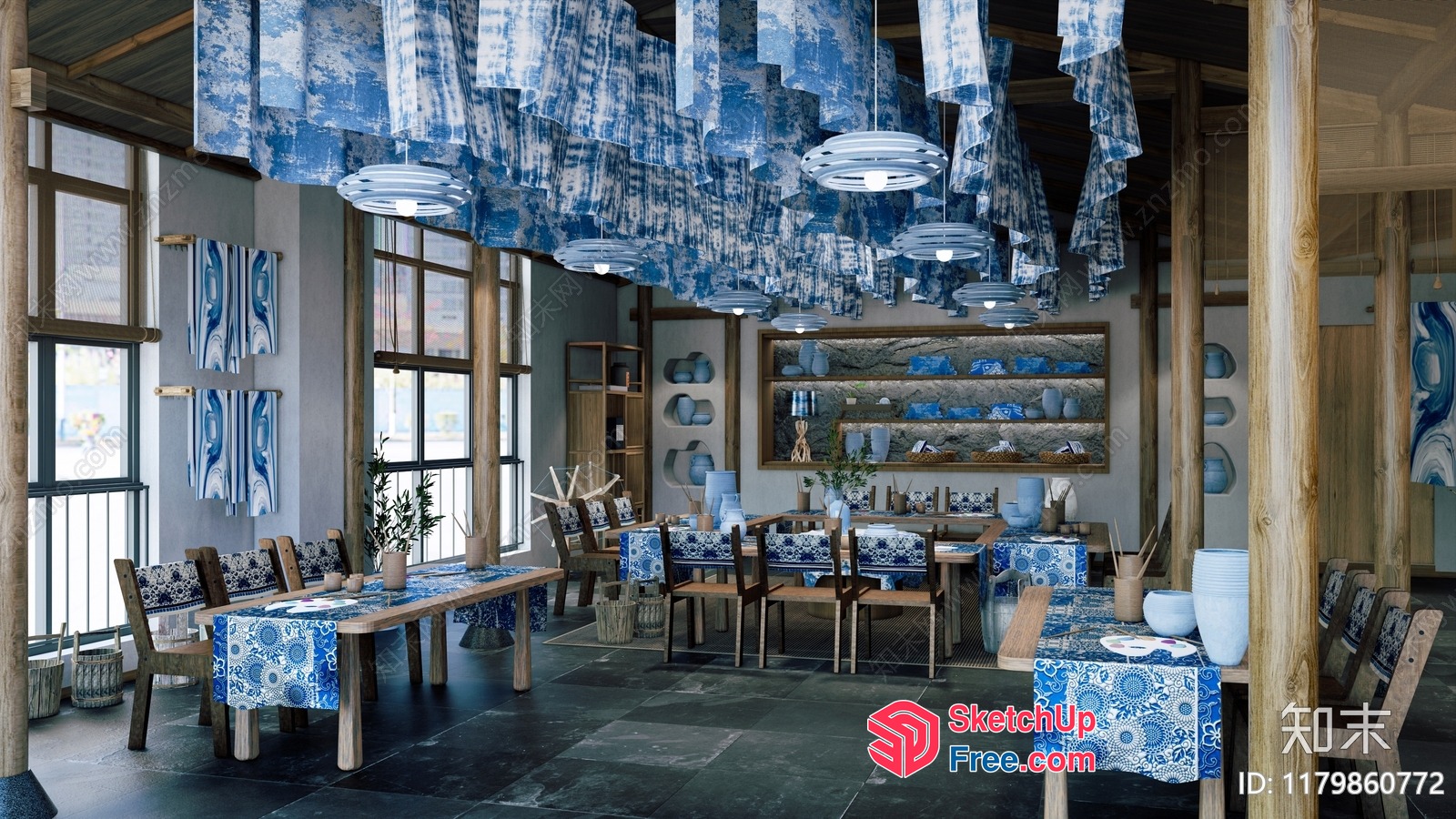 Elegant Blue And White Dining Room With Unique Pillars 3D SketchUp File