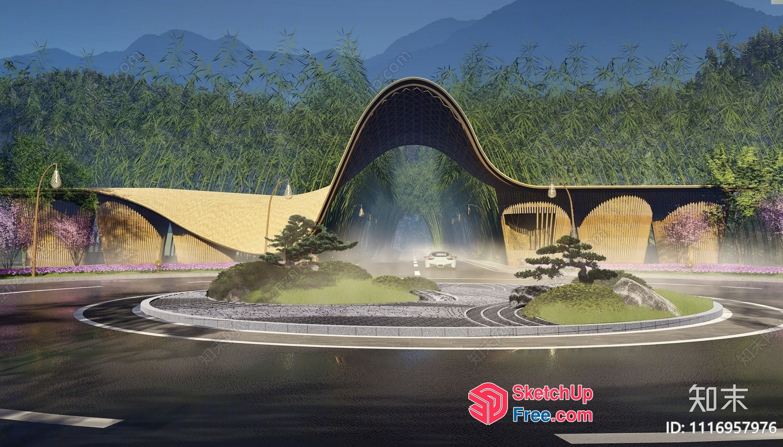 Bamboo Arched Entrance With Circular Drive 3D SketchUp File