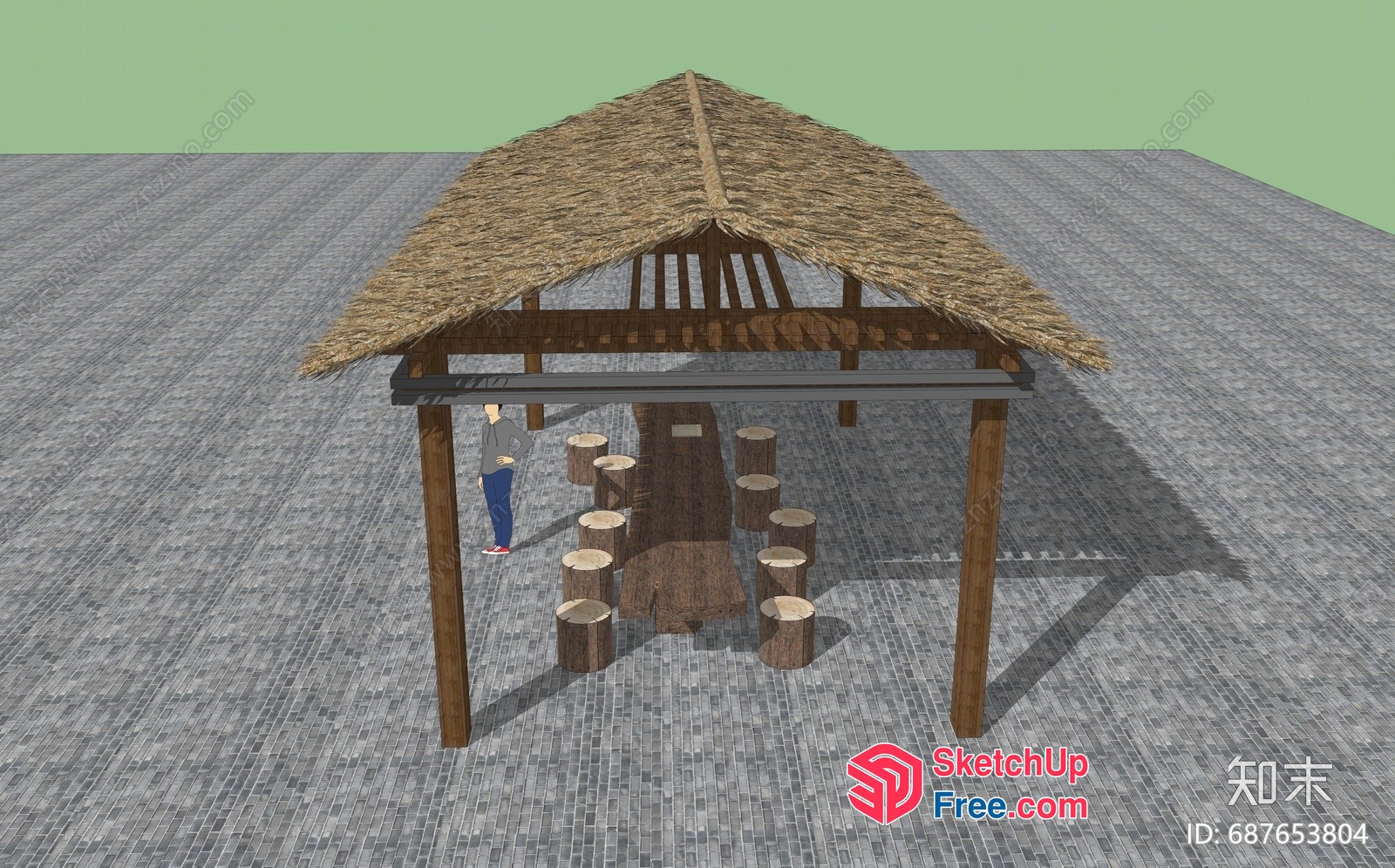 Wooden Outdoor Pavilion With Thatched Roof And Stools 3D SketchUp File