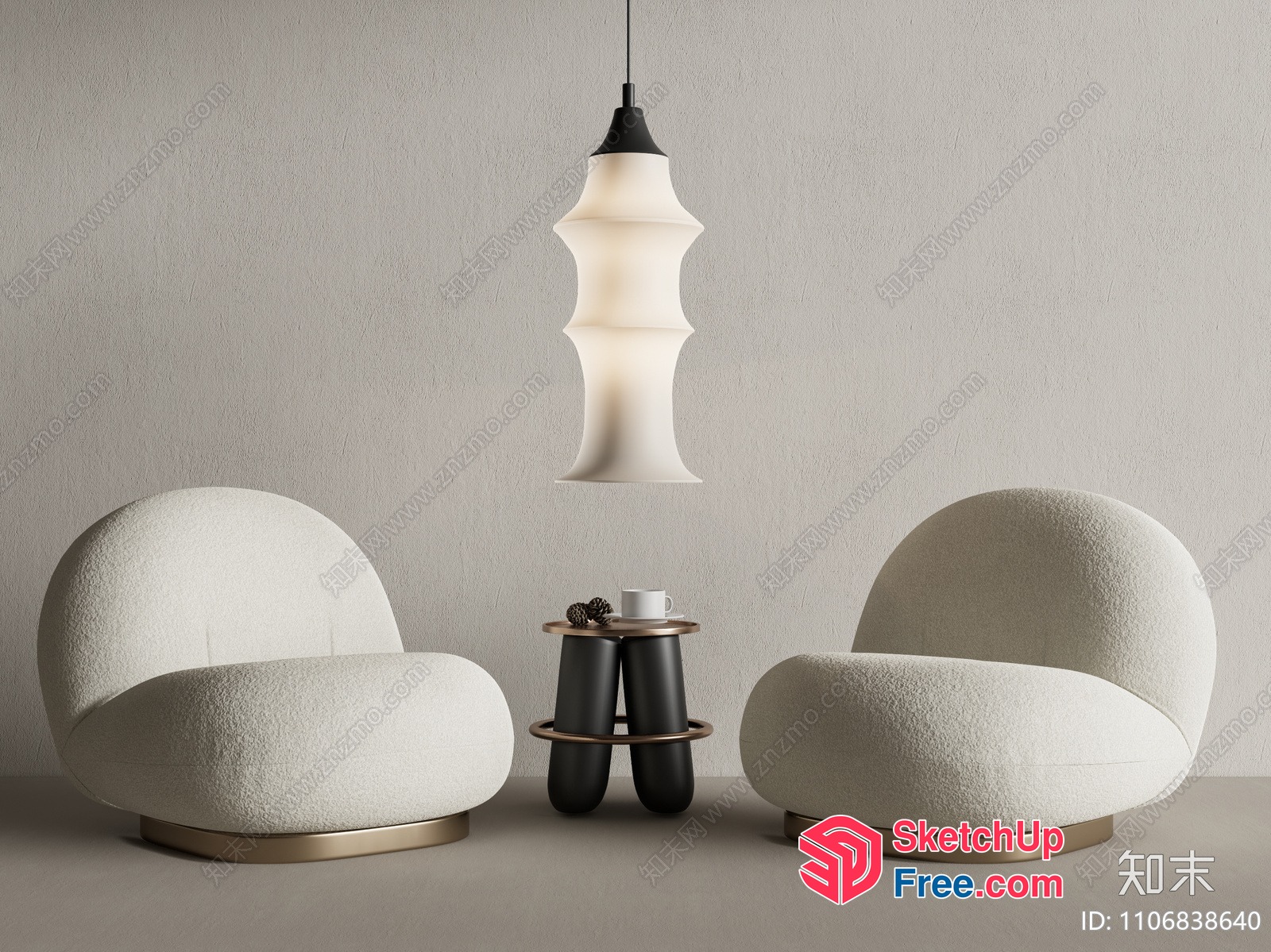 Modern Creamy Style Lounge Chairs With Hanging Light 3D SketchUp File
